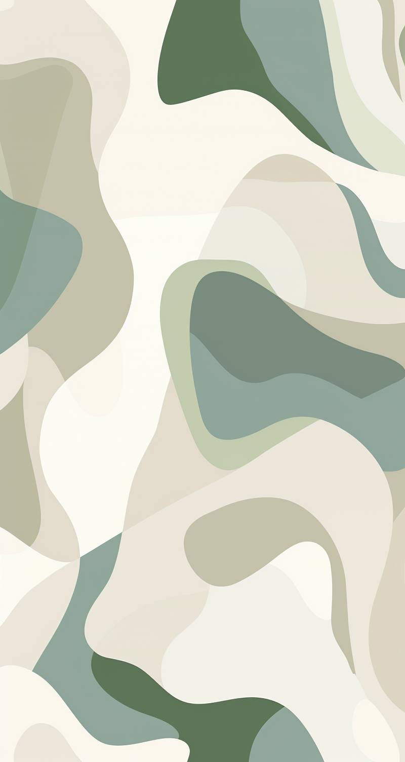 A minimalist wallpaper with abstract organic shapes in soft greens and beiges, on a white background. The design is simple yet captivating, featuring smooth curves and irregular forms that create an artistic and calming effect. This artwork would make for a stylish phone backdrop or digital wallpaper, offering a serene visual experience through its minimalistic style and harmonious color palette.