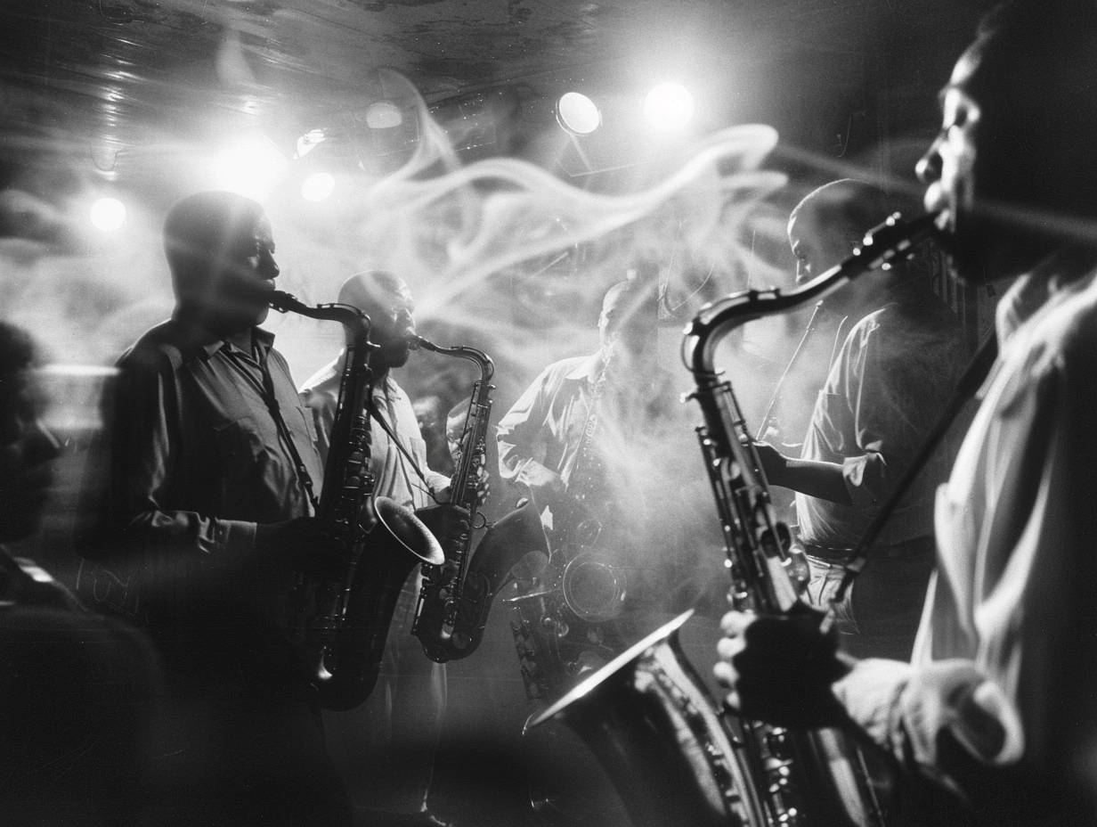 Four musicians in a jazz band. Passion and synchronization. Saxophone solo. New Orleans club. Evening in 1973. Audience, stage lights, a smoky atmosphere. Medium shot, waist up. Shot on a Leica M4, Kodak Tri-X 400 film. Spotlights casting a warm glow, motion blur, high grain.
