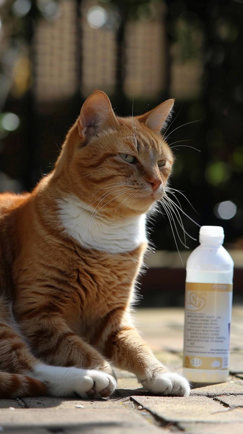 白い肉球と白い鼻を持つオレンジ色の猫、その前には開封された日焼け止めボトルがある