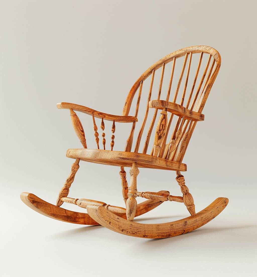 A delicate and cute rocking chair, rendered in C4D style, a single chair made from wood is isolated on a white background. It features soft lighting and light colors, creating an overall clean background. The product has no human figure or any text information visible, highlighting its design details.