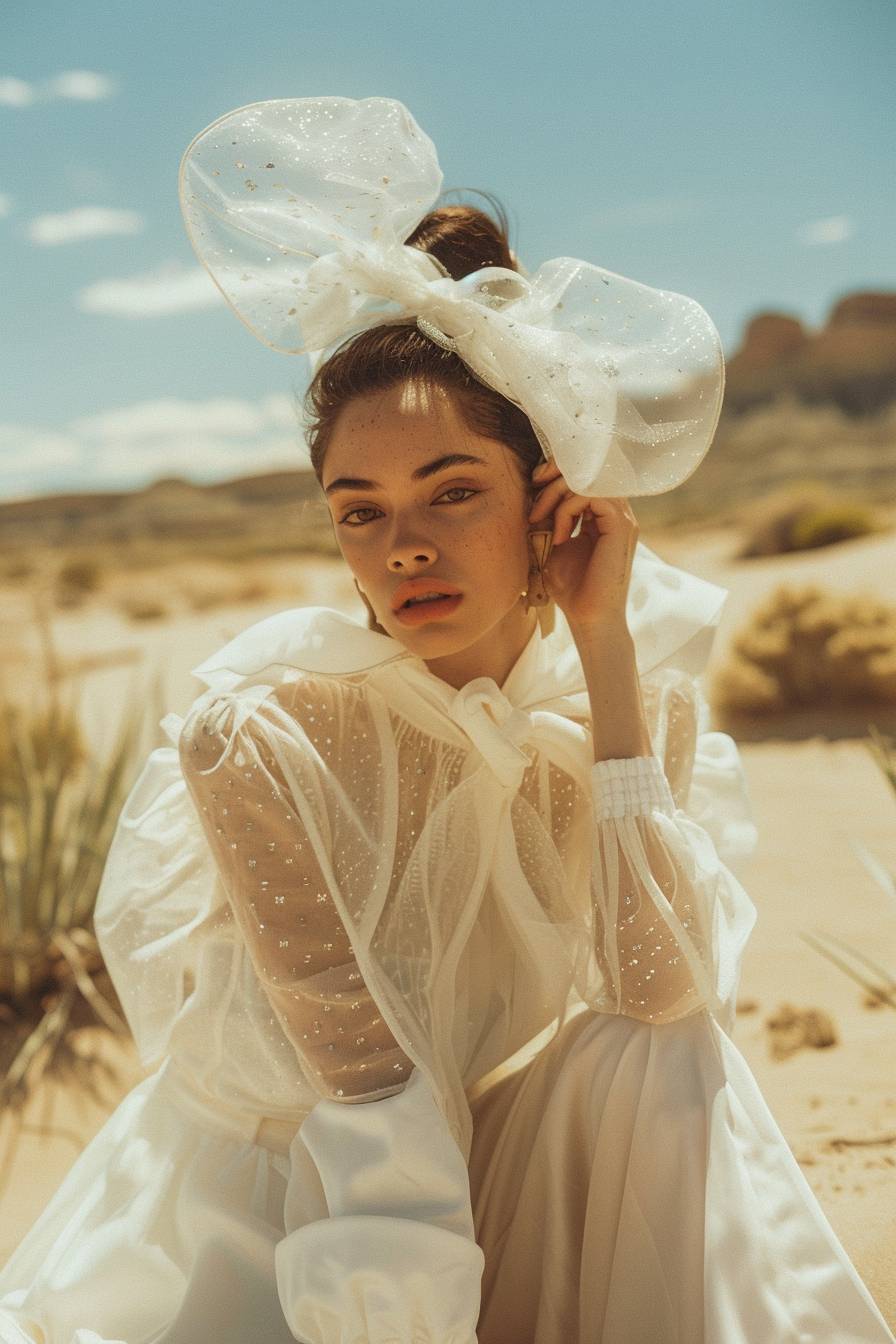 Editorial fashion, low front-on angle, whimsical outfit, mouse-ear headpiece, avant-garde, desert landscape, bright daylight, surreal clarity
