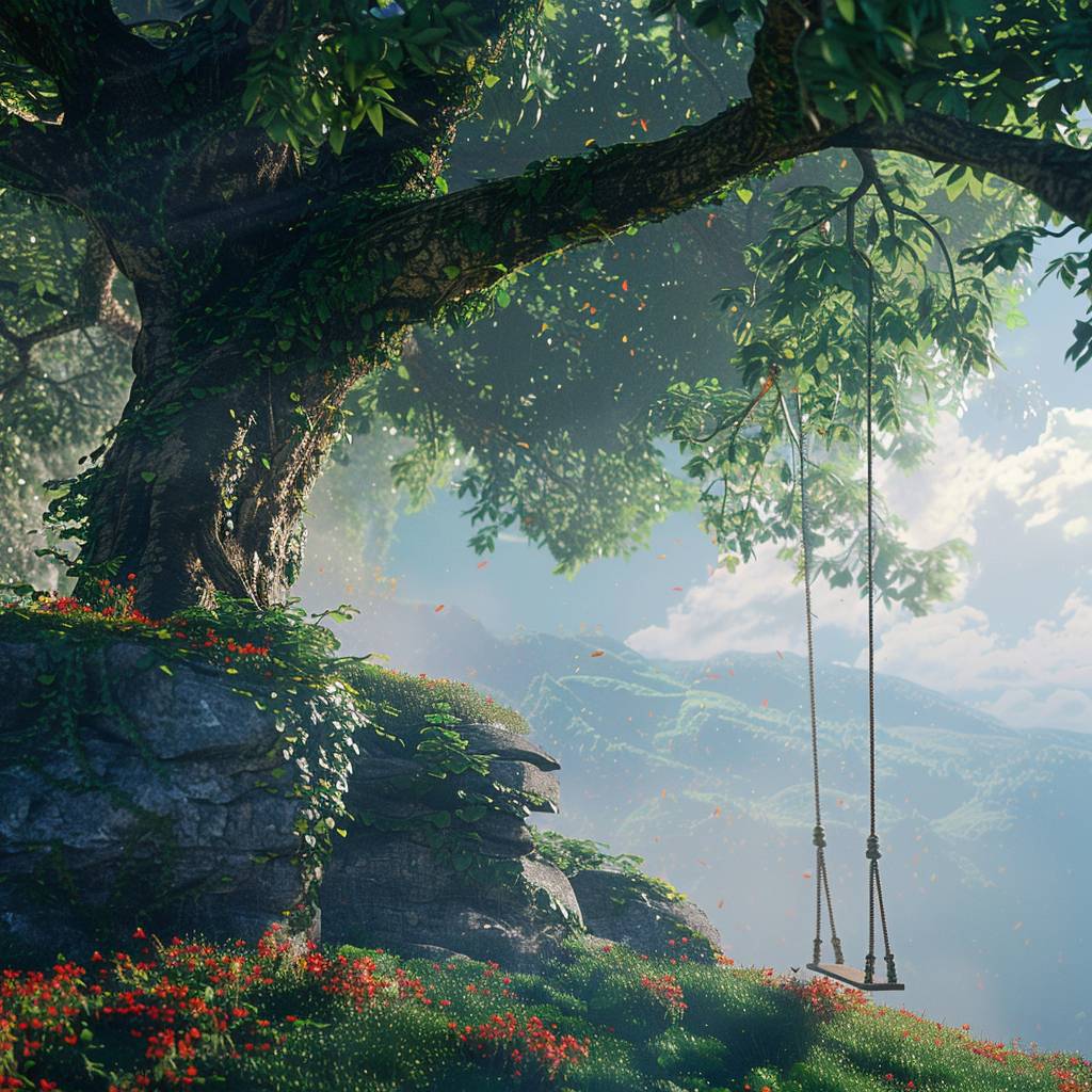 At the edge of a cliff stands a towering tree, its verdant leaves rustling gently. Hanging from one of its branches is a long swing, adorned with ivy and wildflowers, vibrant in color. The scene is captured in stunning 8K high definition, showcasing the vivid beauty of nature.