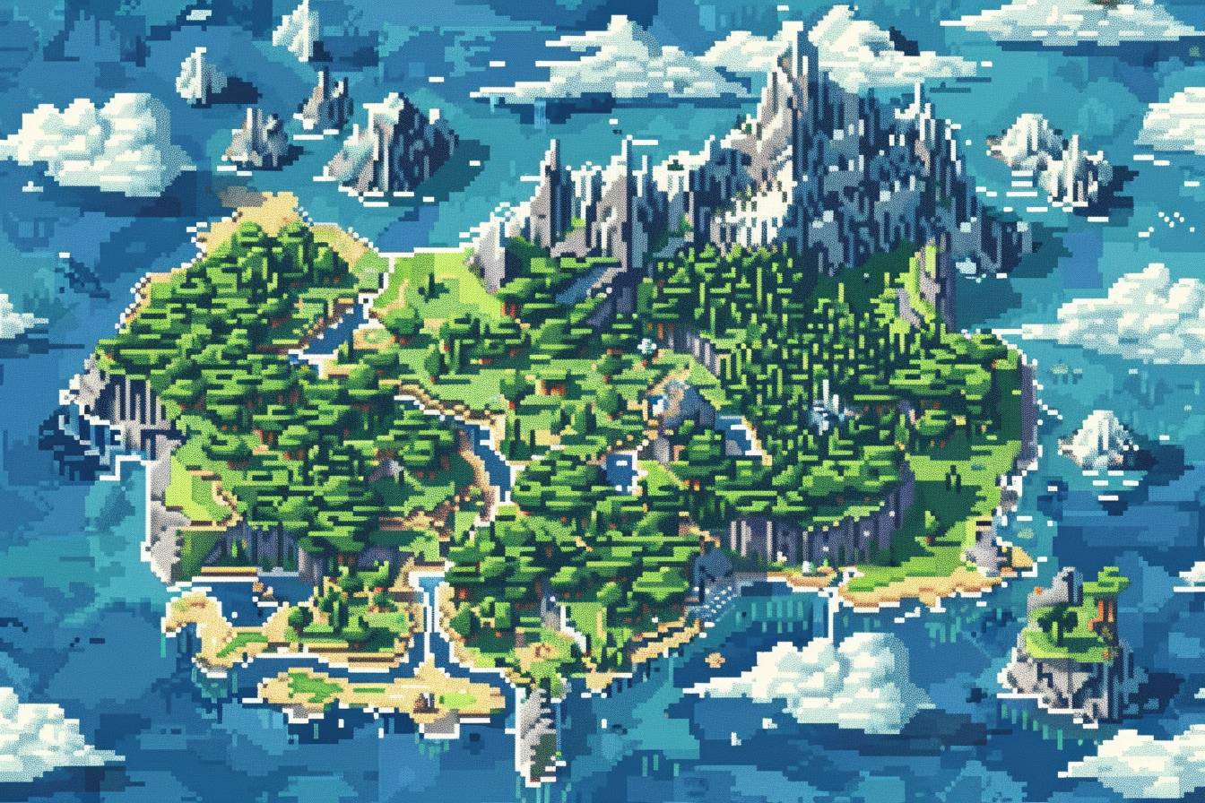 デジタルドット絵で描かれたファンタジー王国の詳細な地図、海の青と森の緑のピクセルを使用した--スタイルの素材。