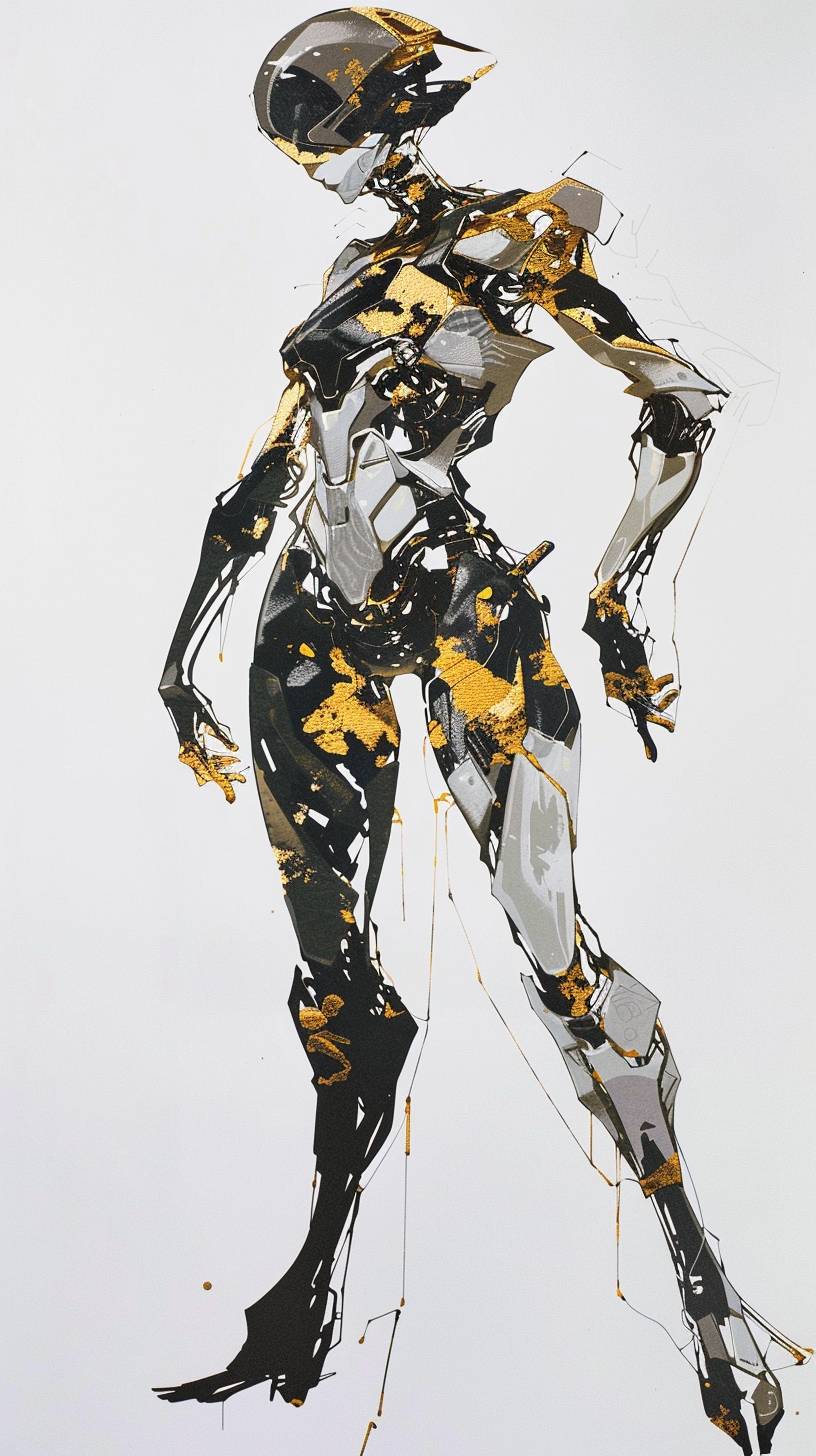 Female cyborg character design by Yoji Shinkawa, intricate and elegant, with gold veins that look like wabi sabi throughout -- aspect ratio 9:16 -- version 6.0