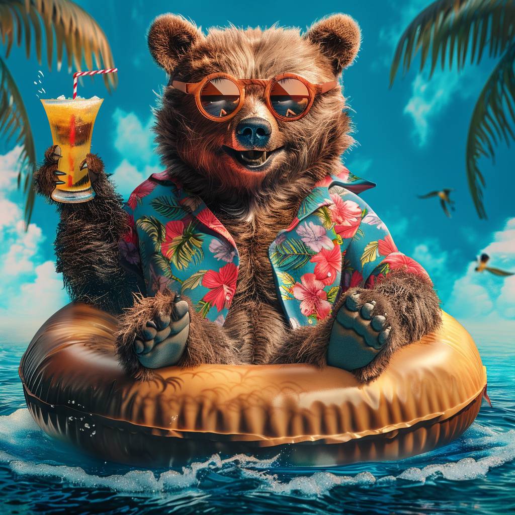 ハワイアンシャツとサングラスをかけた熊が笑顔で浮き輪に座り、プールでカクテルを楽しんでいる写真