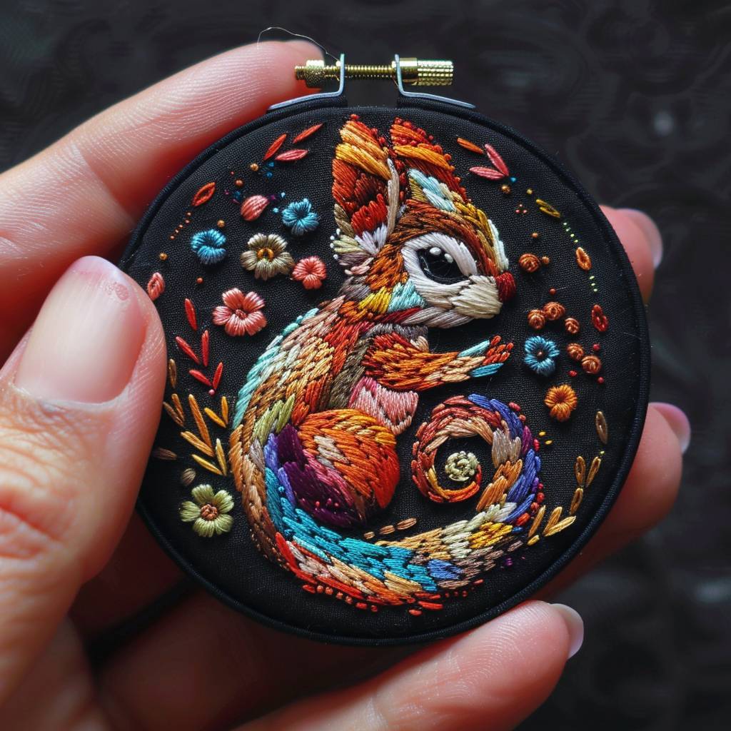 Tiny colorful Embroidery creature black background