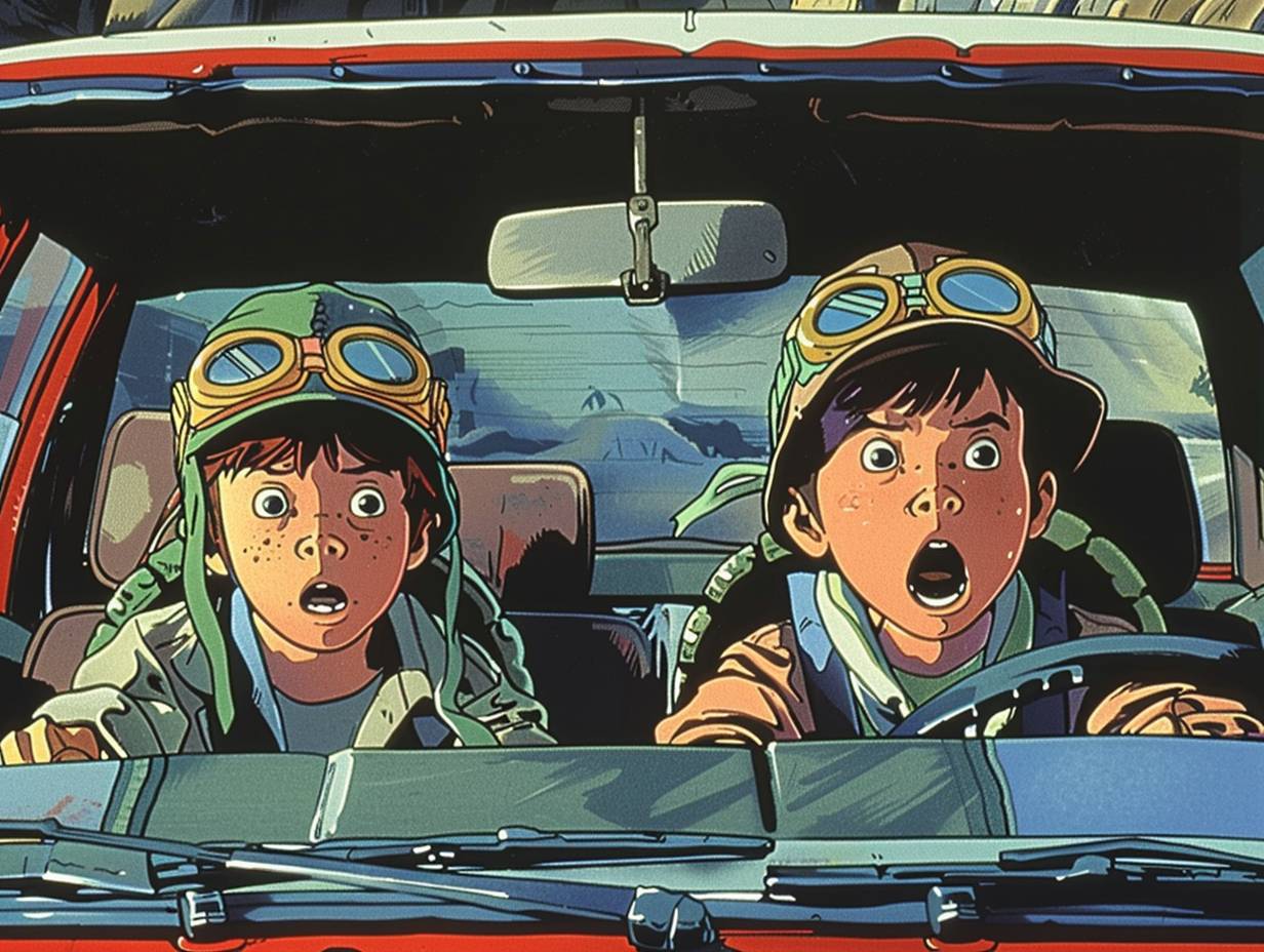 1980年代のアニメ『ティーンエイジ・ミュータント・ニンジャ・タートルズ』からのシーンで、車の後部座席に座る二人の4歳の男の子をヴィンテージアニメのスタイルで描いています。