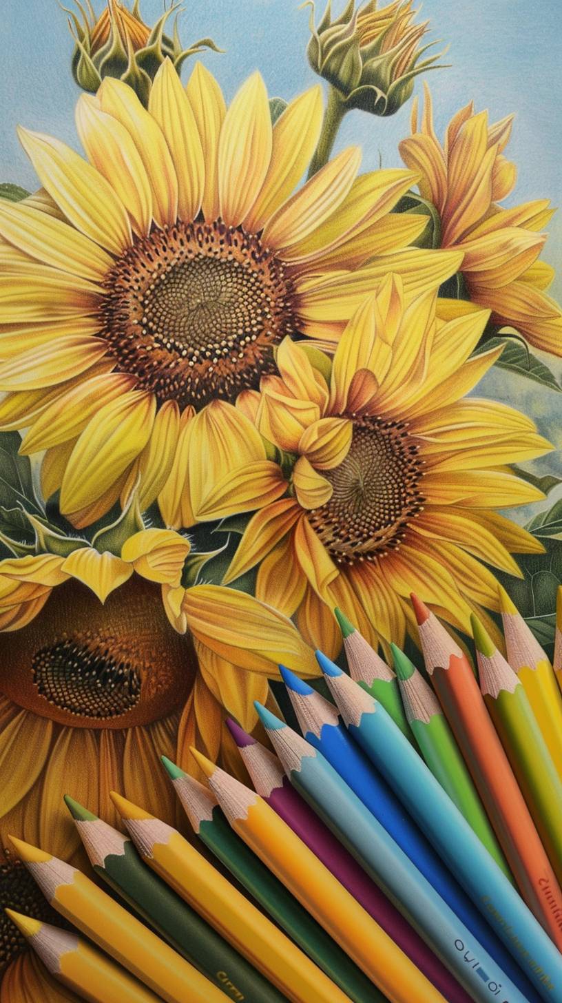 高い向日葵の低い角度ショット、色鉛筆、クレヨン、豊かな色彩、黄色