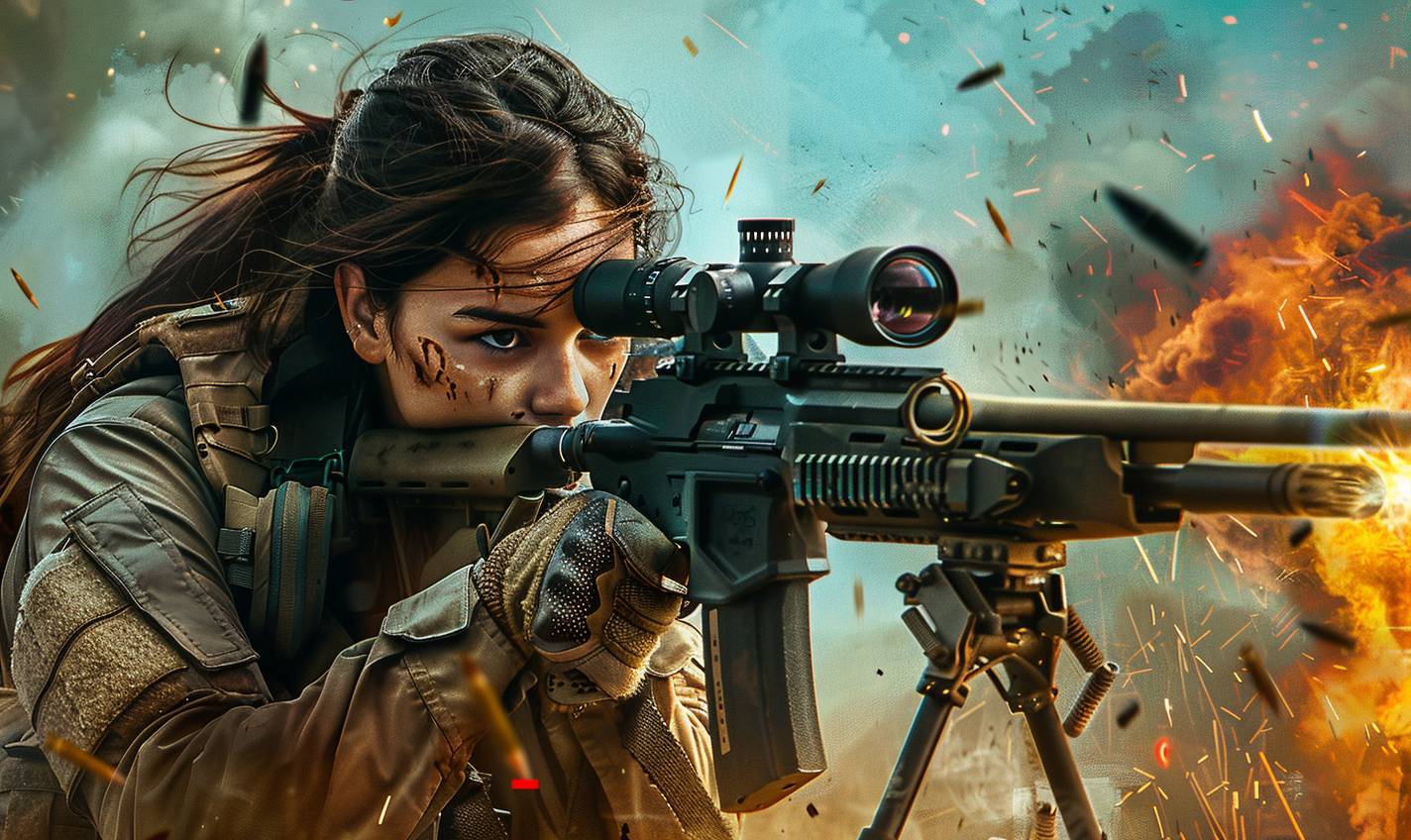 狙撃銃を持った戦術服を着用したブルネットの女性キャラクター。非常に詳細な全身アクションショット。ミカエル・ベイの映画ポスターのようです。ハイコントラスト、ダイナミックな構図、アクションポーズ、戦地がバックグラウンドに映っている、シネマティックでハイパーリアルな、シャープなフォーカス、鮮明なディテール
