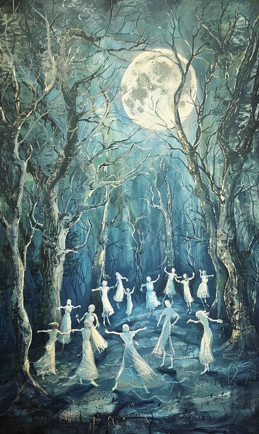 In style of Eric Carle, Ethereal beings dancing in a moonlit clearing