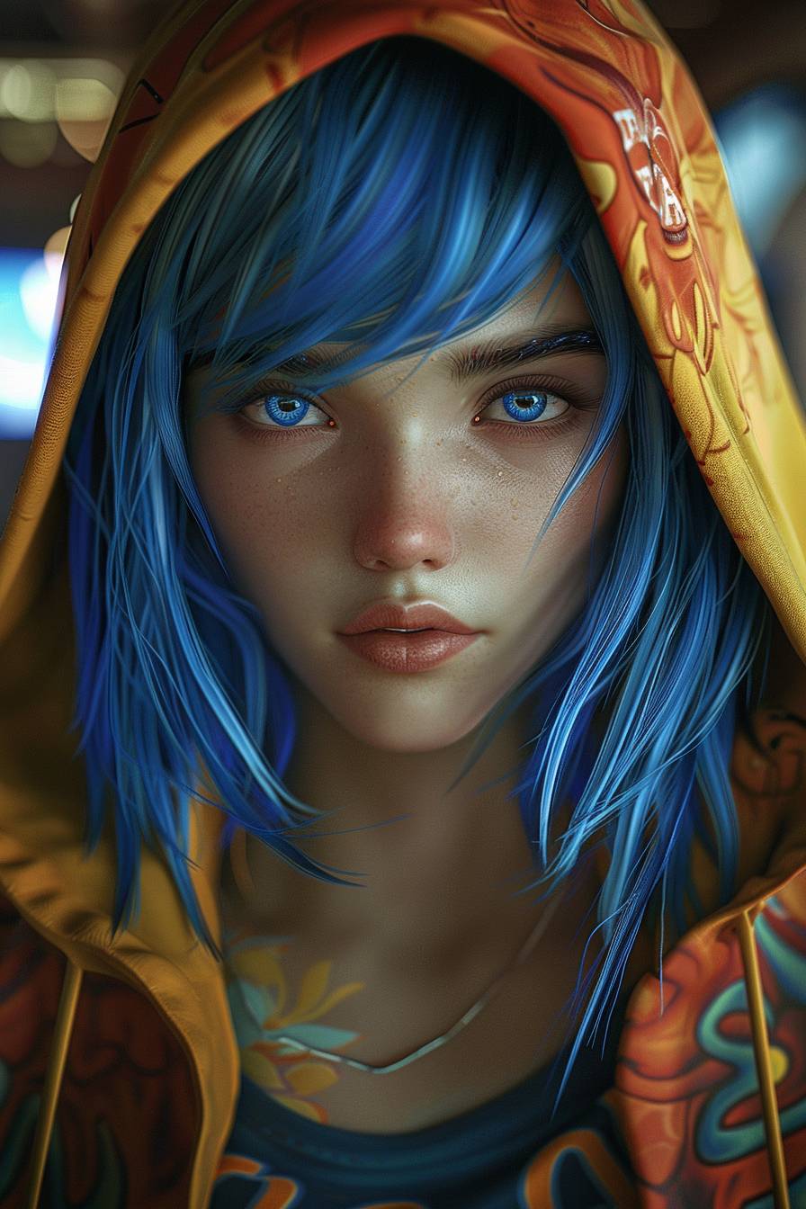 腰まであるコバルトブルーの髪、生き生きとしたフードを着た見事なアニメキャラクター。彼女の目は穏やかに輝き、表情はリアルで魅力的、Daz3Dスタイルのサイケデリックなリアリズム。