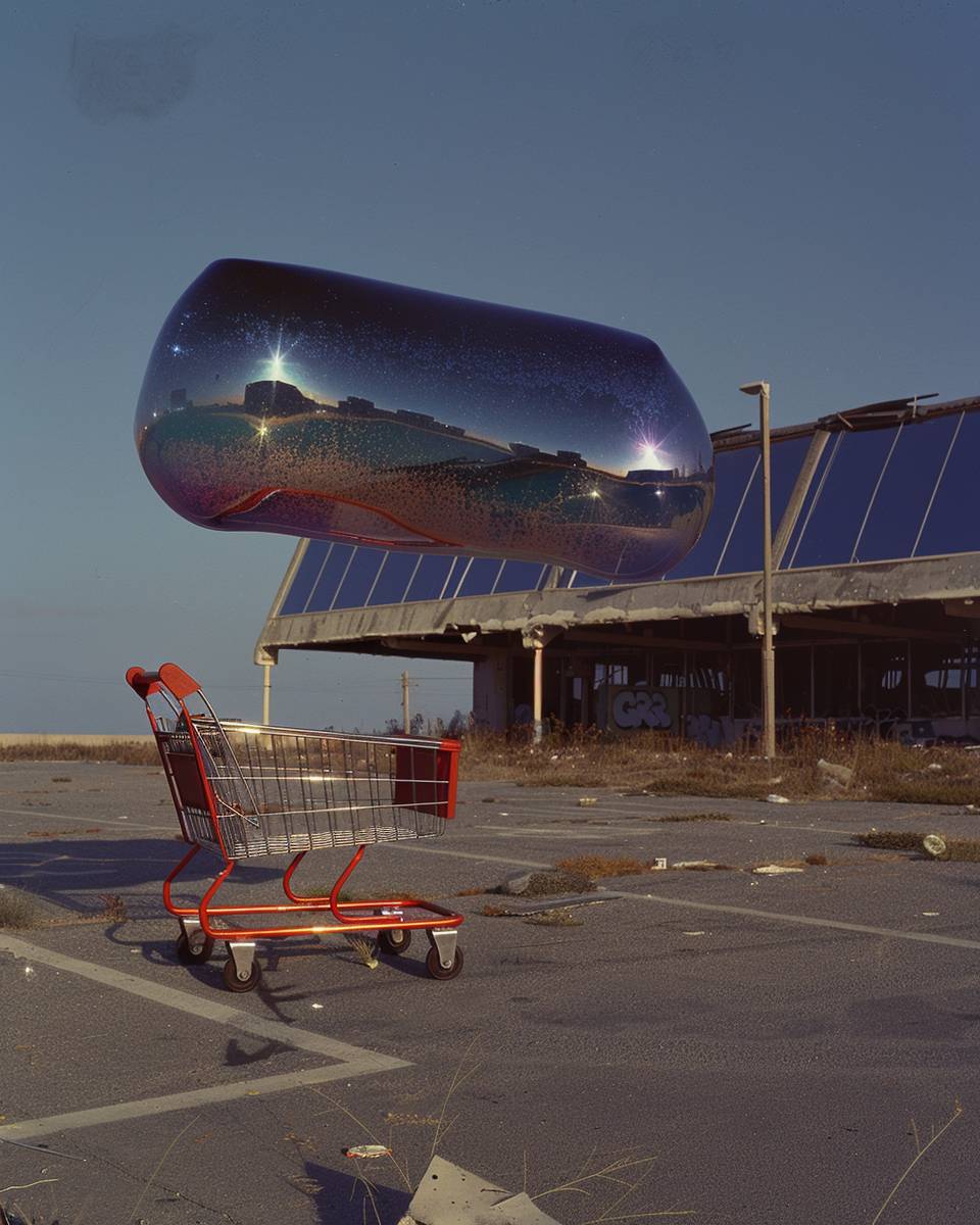 A large iridescent and heterogeneous soap bubble floating through a parking lot above an abandoned red shopping cart, sparkling and glistening in the sun. The bubble is reflecting the world around it as it glistens.