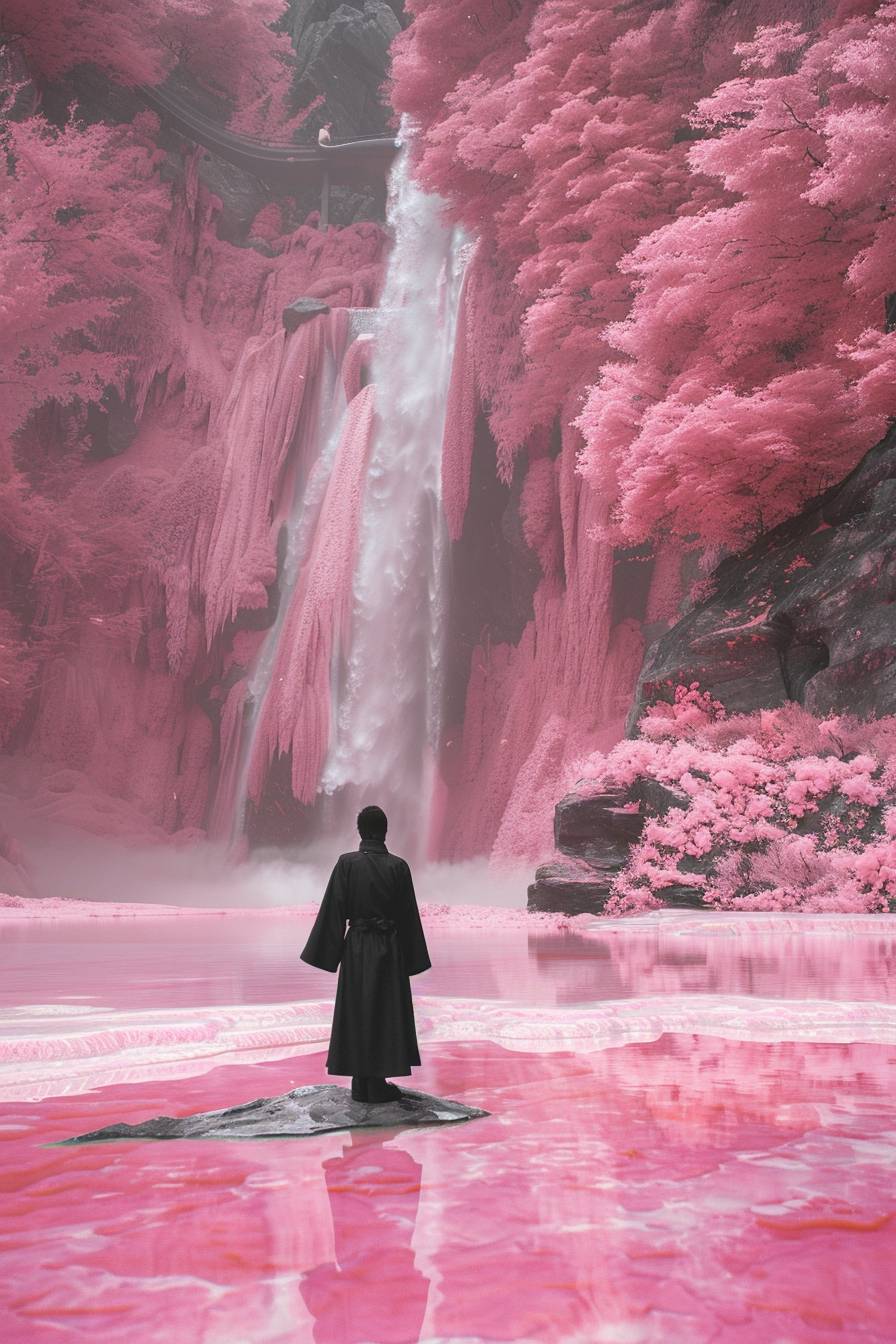 Create an image that captures the essence of a solitary swordsman in black traditional attire, reminiscent of Jet Li in a Tsui Hark film, standing on a rock in a pink lake, facing a grand pink waterfall. The swordsman should embody the heroic and aloof spirit, exuding an aura of courage and determination that is characteristic of a true warrior. The pink waterfall should be a spectacular sight, creating a strong visual impact and serving as the focal point of the composition. The clear pink lake water should contrast sharply with the swordsman's figure, highlighting his loneliness and resolve. The image should be minimalist, focusing on the essential elements and using the dreamy atmosphere to evoke contemplation and imagination, conveying a profound artistic conception. The composition should be surreal and ethereal, with high color saturation and strong color contrasts that emphasize the fantasy and fashion elements. Render the image in 8K for the highest quality, ensuring that every detail is crisp and vivid, reflecting the surrealistic style.