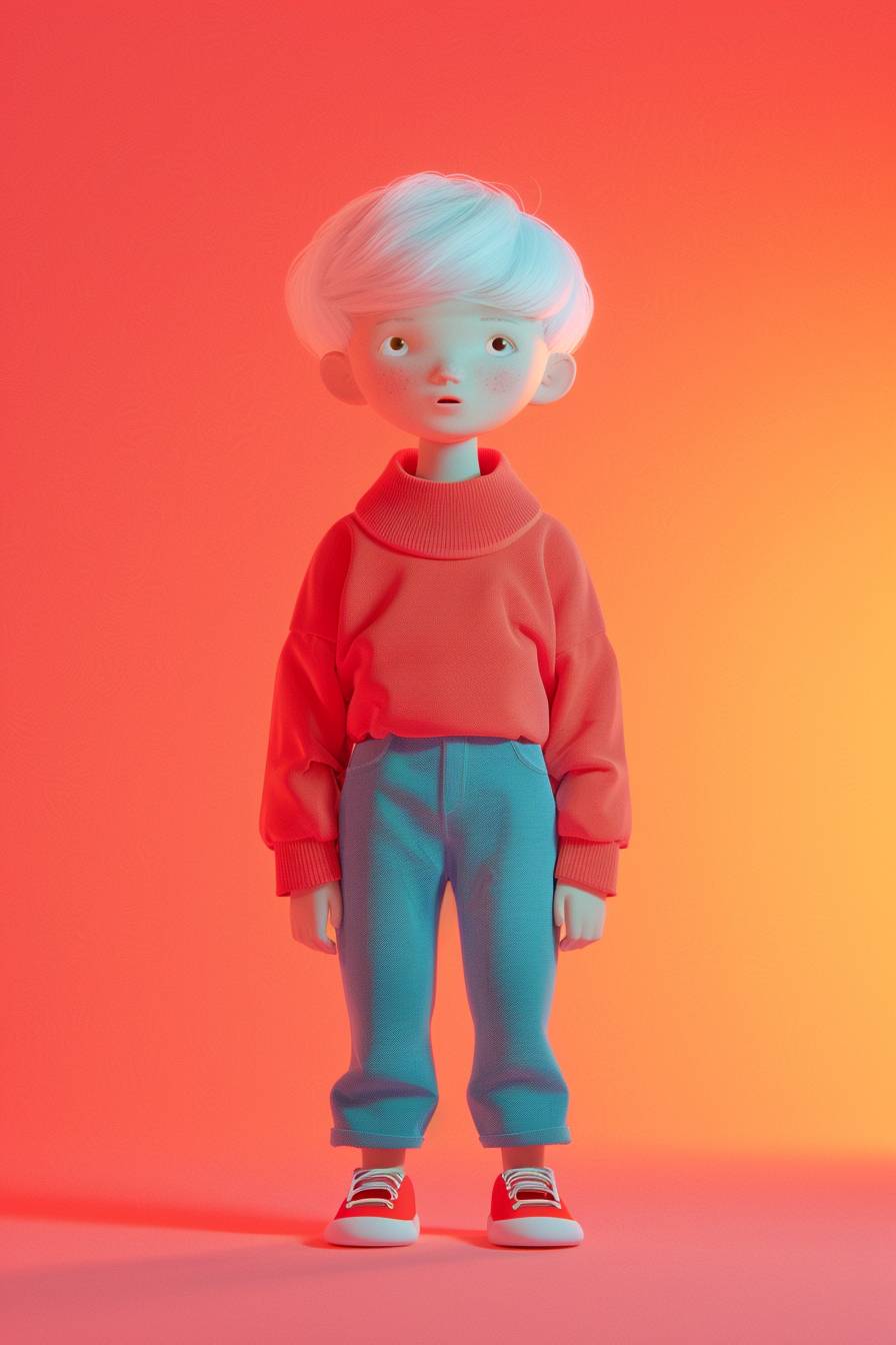 3D rendering, C4d, 12 years old, Bubble Matt style, white short hair, wearing red shoes and blue pants, upright, simple background color, light gradient background, blind box toy design, colorful, soft lighting effect, pink