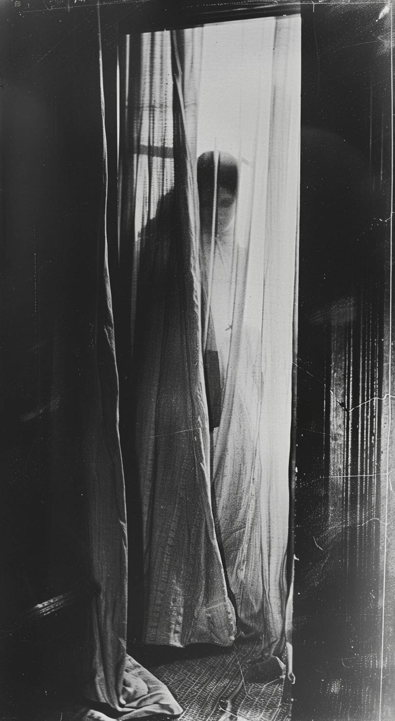 Accidental recording of ghost behind a curtain, 1920s photography, creepy horror scene, documentary archives
