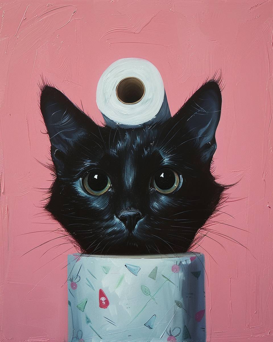滑らかな油絵、黒猫が画布の底からトイレットペーパーロールを頭に乗せて覗き見する、ピンクの背景、おしゃれなピンク色 --ar 4:5  --v 6.0