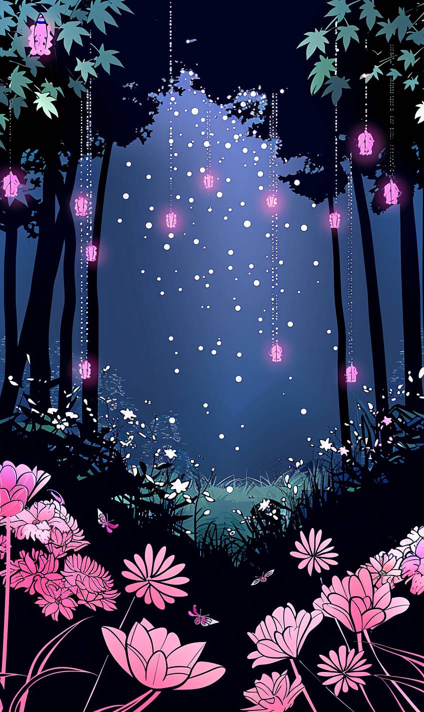 輝く植物、幻想的な生物、そよ風に包まれた神秘な魔法の森、柔らかな月明かりが幻想的な雰囲気を作り出す