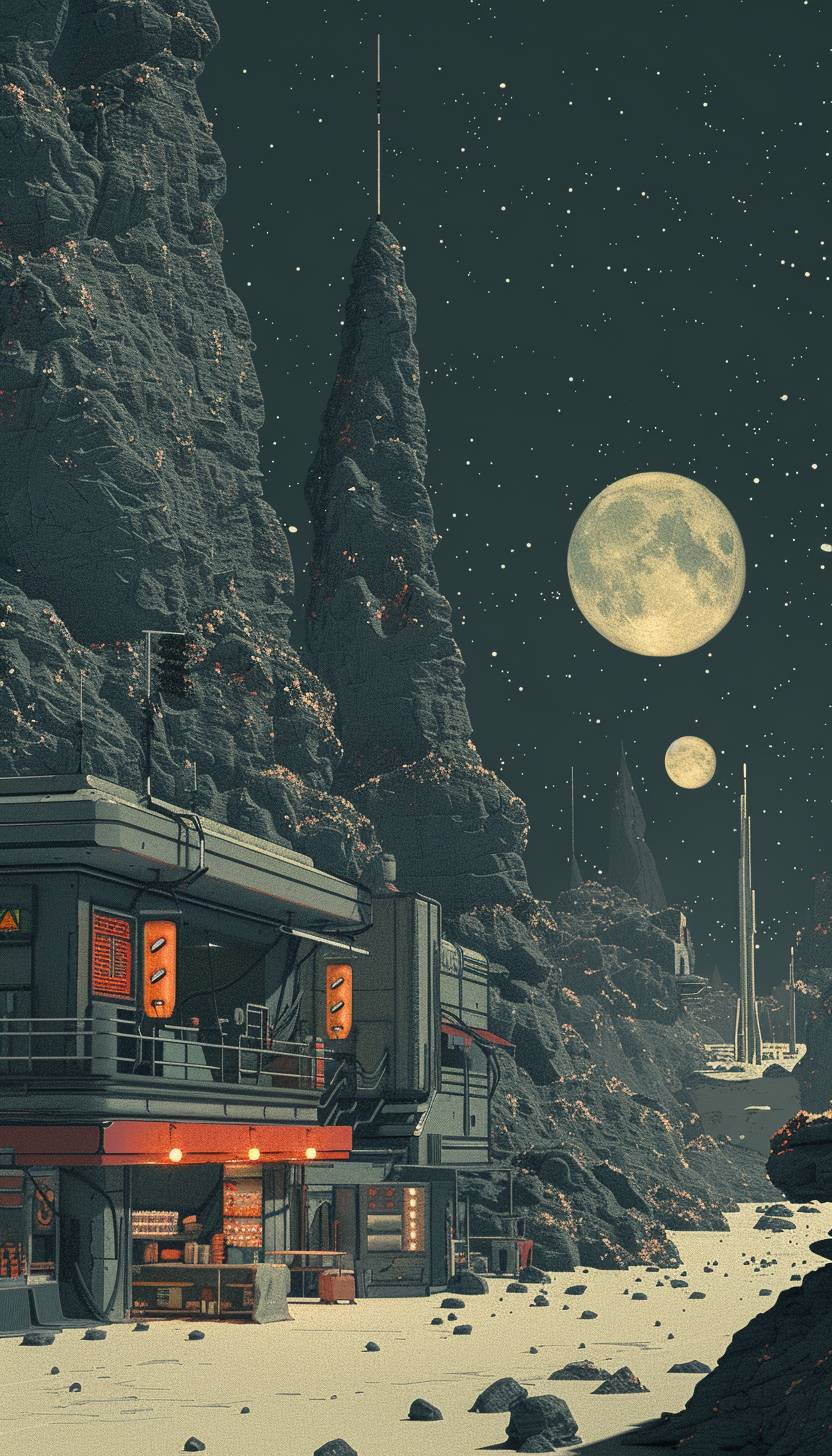 In the style of Alessandro Gottardo, Alien marketplace on a distant planet