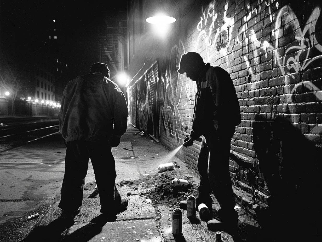 2人の落書きアーティストが作業中。集中力と創造性。スプレーカン。ニューヨークの小路。1995年の夜。レンガの壁、街の明かり、通り過ぎる地下鉄の列車。中景、全身ショット。Nikon F5で撮影、イルフォードデルタ3200フィルム。街灯が長い影を落とし、空気中には塗料の粒子が漂っている。