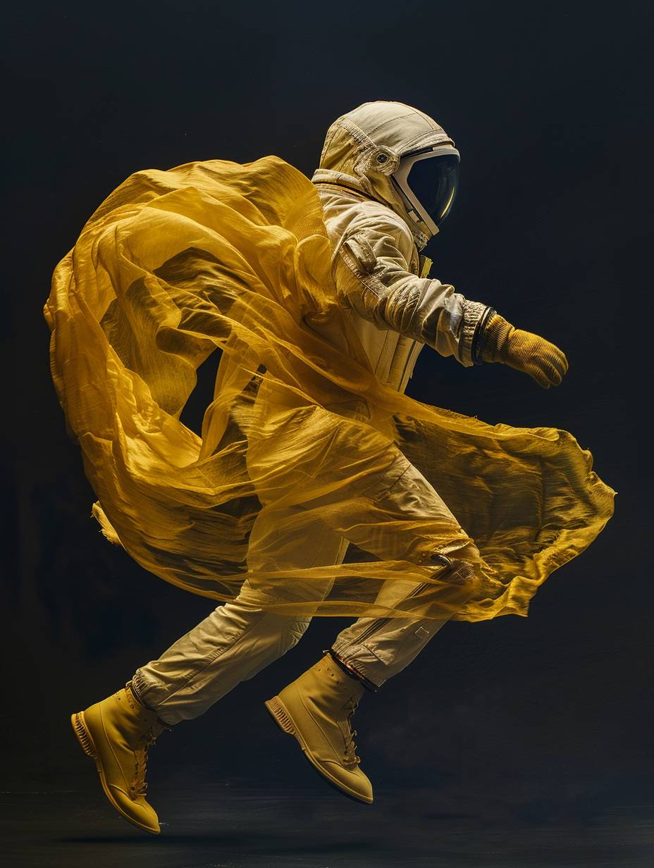 A photograph, side view. A NASA astronaut running away with a yellow satin fabric wrapped around their body, hindering their run. Strong wind. Harsh lighting, noon light, black background.