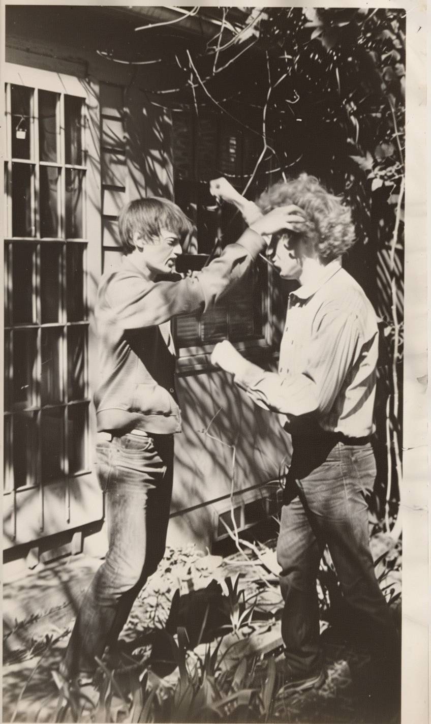 Two men, brothers, one with hair, arguing outside a house on a patio in 1980, realistic arms, vintage photograph, flash photography