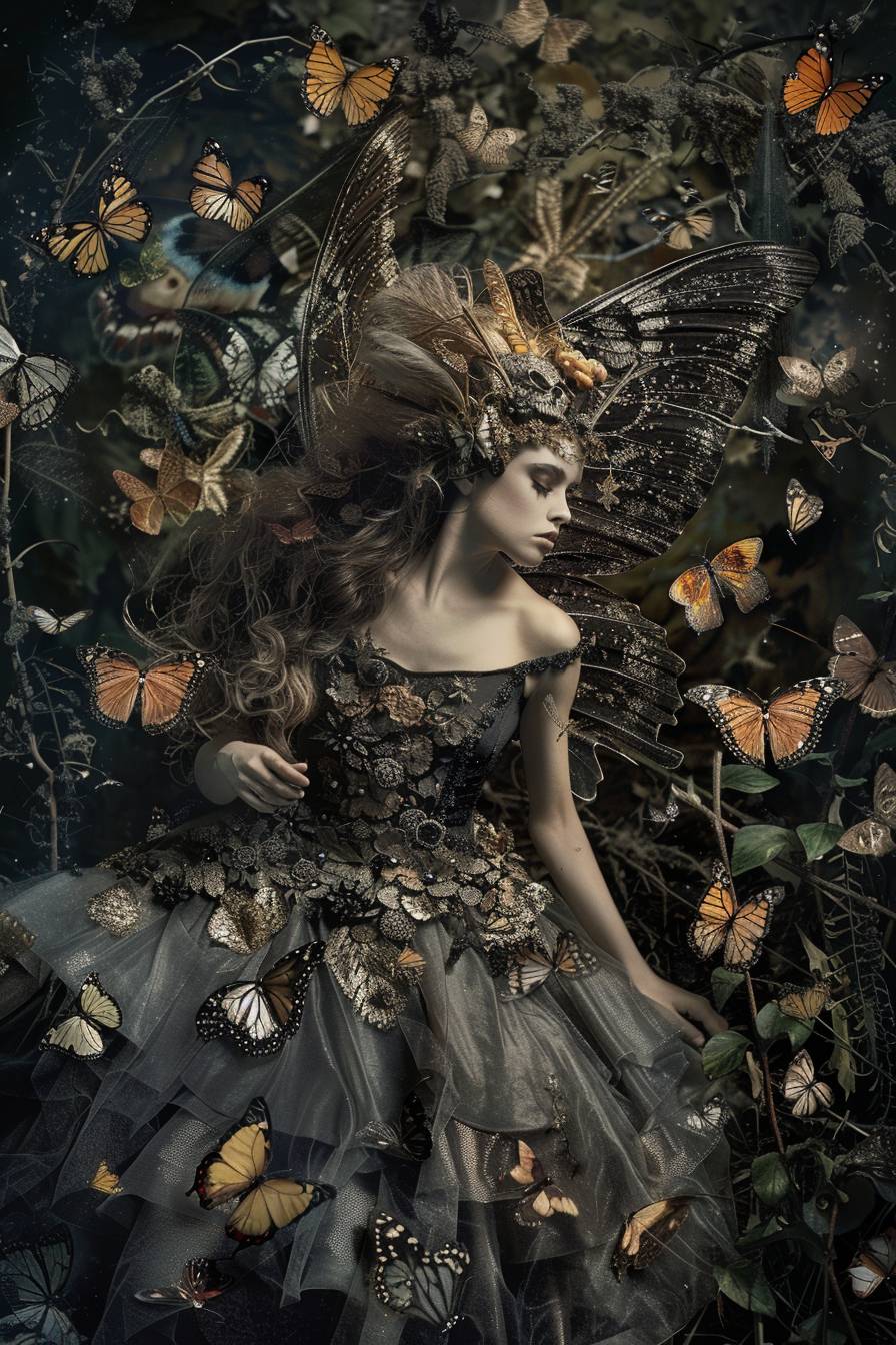 fairy, complicated poster with lots of butterflies in background, highly detailed