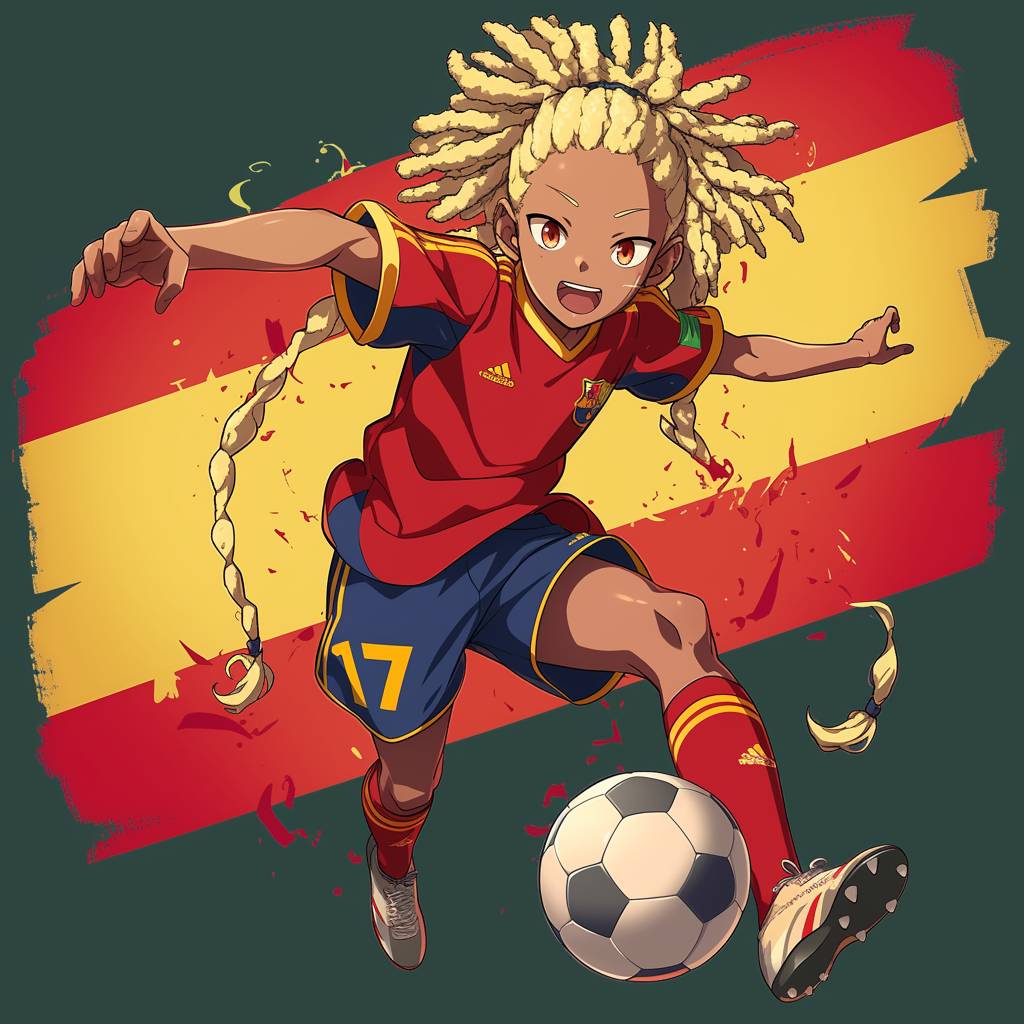 スペイン代表チームのジャージを着たかわいいアニメ男性キャラクターが、番号「17」が入ったサッカーをしています。背景にはスペインの国旗のイラストが描かれています。彼は黒人で、アフロヘアーに金髪のダンロックスをしています。彼の表情は喜びに満ち、ゴールを蹴って決めた後に祝福しています。アニメや日本の漫画スタイルで、全身ショットです。