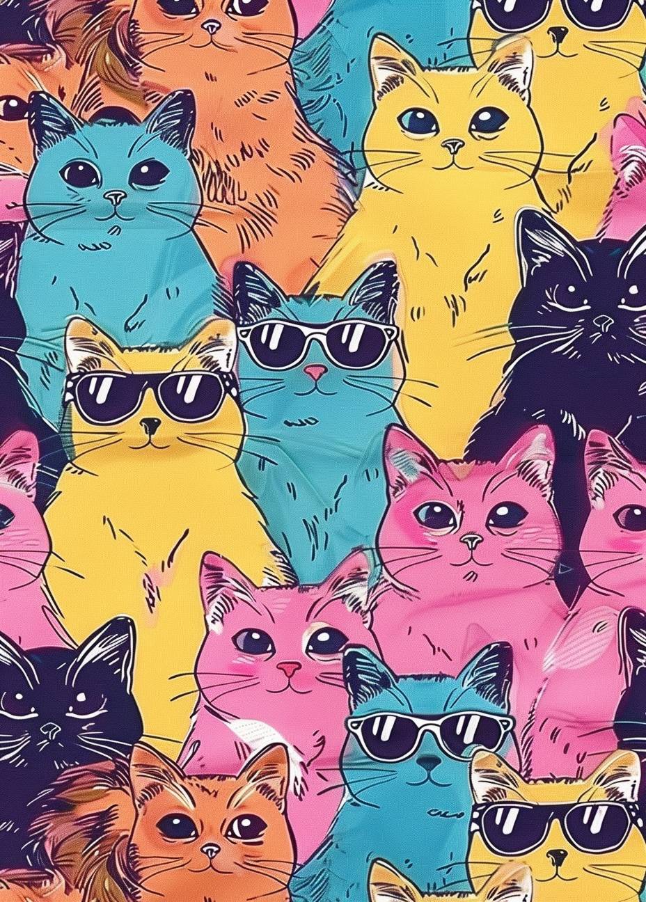 A pattern of colorful cartoon cats with different expressions and colors, such as pink or blue, wearing sunglasses on their heads.