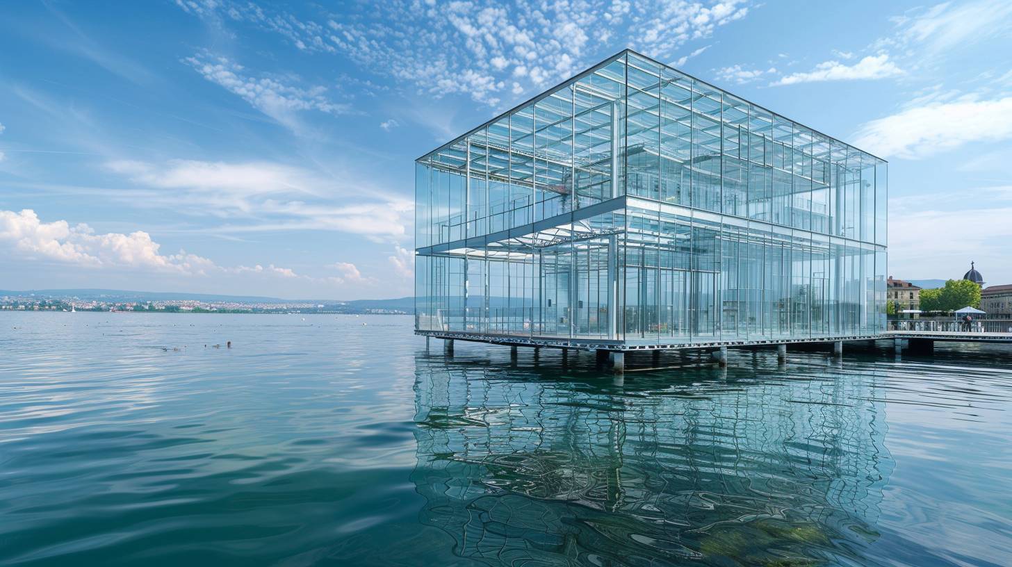 Transparent recursive glass structure designed by Renzo Piano on the water, cinematic architectural photograph