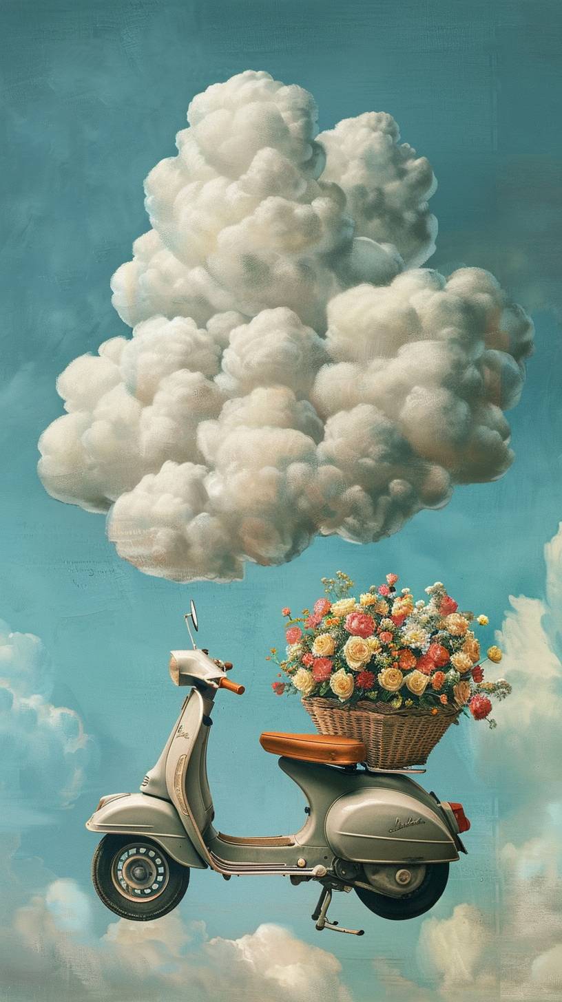 絵：花でいっぱいのかごを持ったスクーターが白くふわふわした雲の上に立っています。そのスクーターはほとんど雲に覆われています。青い空の周りに--ar 9:16--v 6.0