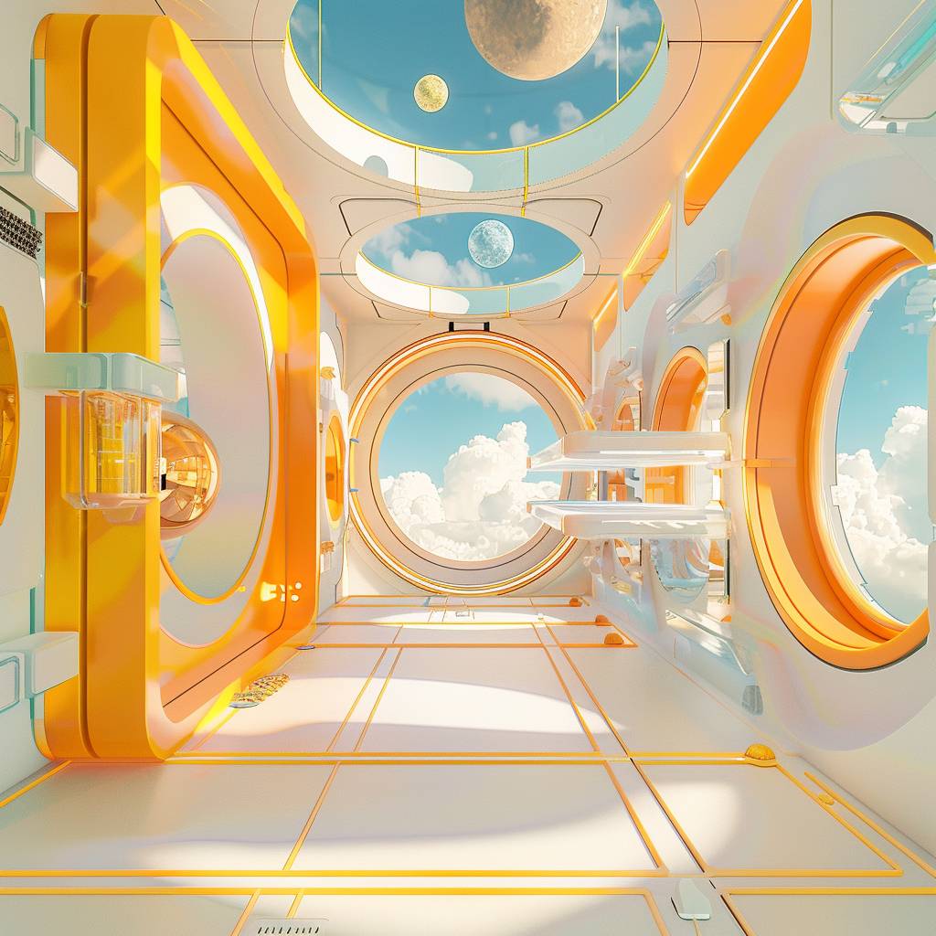 The space station is a 3D visualization of a futuristic space station, in the style of playful cartoon illustrations, yellow and orange, vibrant stage backdrops, expansive skies, bright palette, sky-blue and white, circular shapes