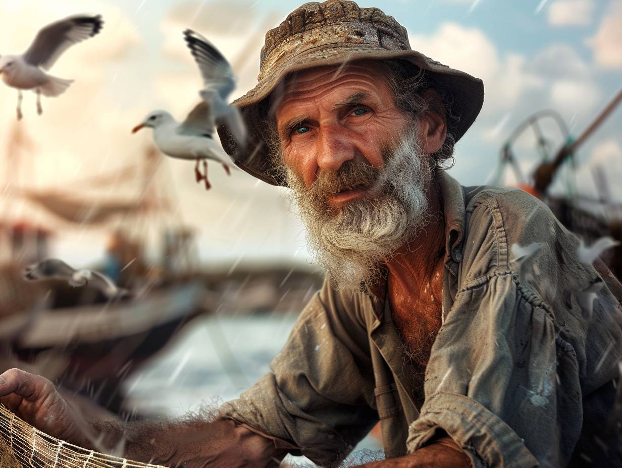 Bearded fisherman mending a net. Weathered skin. Steely eyes. Coastal village. Dawn. Fishing boats bobbing in the harbor. Medium shot, upper body. Soft lighting, seagulls circling overhead casting fleeting shadows.