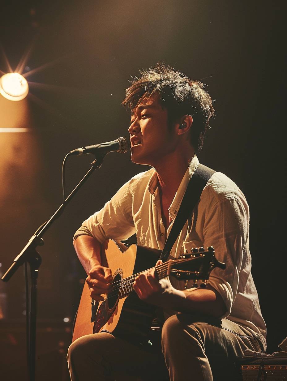A photograph of an Asian man with short hair and a white shirt playing guitar on stage in front of a microphone. The background is dark with concert lighting, film grain, low angle shot, sitting down, side view, backlit, full body portrait, rim light, subtle smile, high contrast, symmetrical composition, shallow depth of field, sharp focus, captured in the style of concert photography.