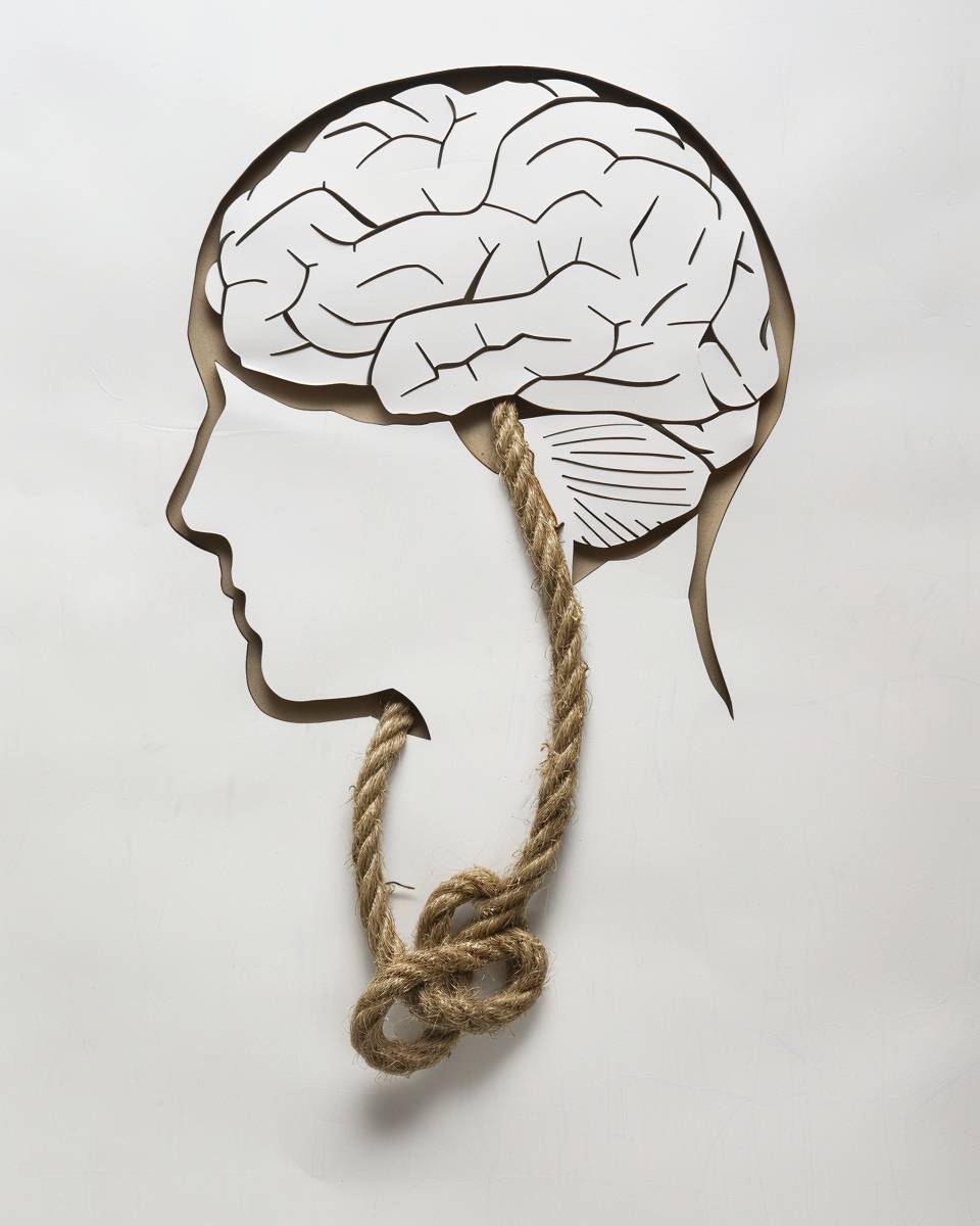 A cut out side view of a head drawn with a simple line, inside the head you can see a rope knot in the shape of a brain