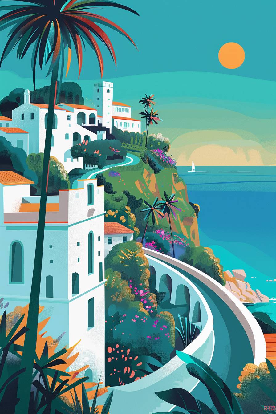 A view of a massive hotel in the architecture of a white castle, with background featuring palm and other trees, in the style of cubism. There's a detailed curved road between the castle and the ocean, with the sun shining bright from above. The water is turquoise, and the white walls and windows resemble a modern castle, in minimalist and vintage poster style akin to Paul Catherall. The colorful illustration presents rolling hills with trees and colorful flowers in the background, with rainbow gradients, in the style of Brian Dtelfreeze.