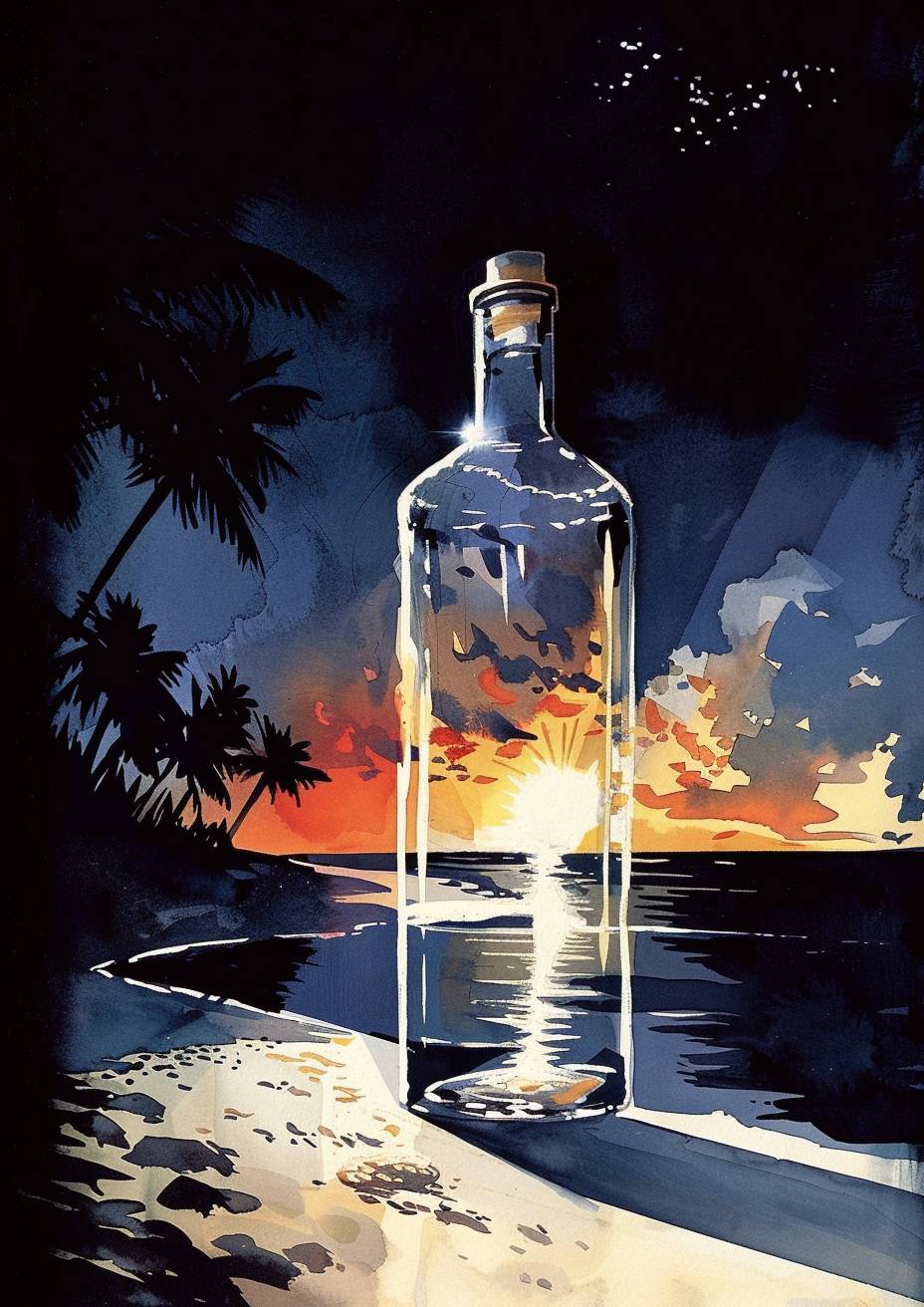 A bottle containing a tropical beach with a beautiful swimsuit model, in the style of digitally manipulated images, glowing radiant colours, strong visual flow.
