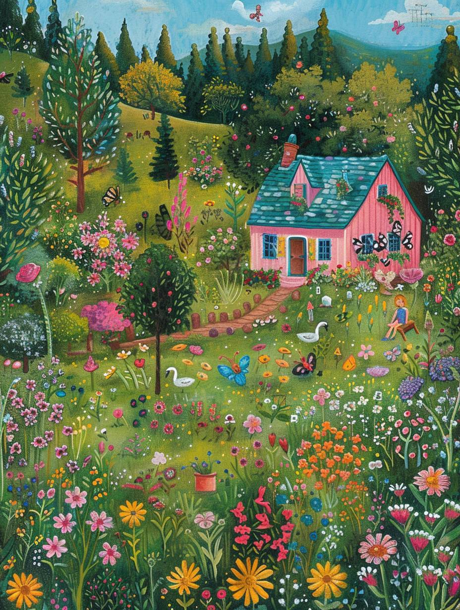 A whimsical garden with various raised beds, fields and lawn areas where children's illustrations of colorful flowers bloom. The illustration includes an array of gardening tools scattered around the area, while in one corner there is even a small pond surrounded by butterflies and birds. In another part of the scene lies a pink house nestled among trees, in the style of while on its roof two swans swim gracefully across the water surface. A group of kids play at a picnic.