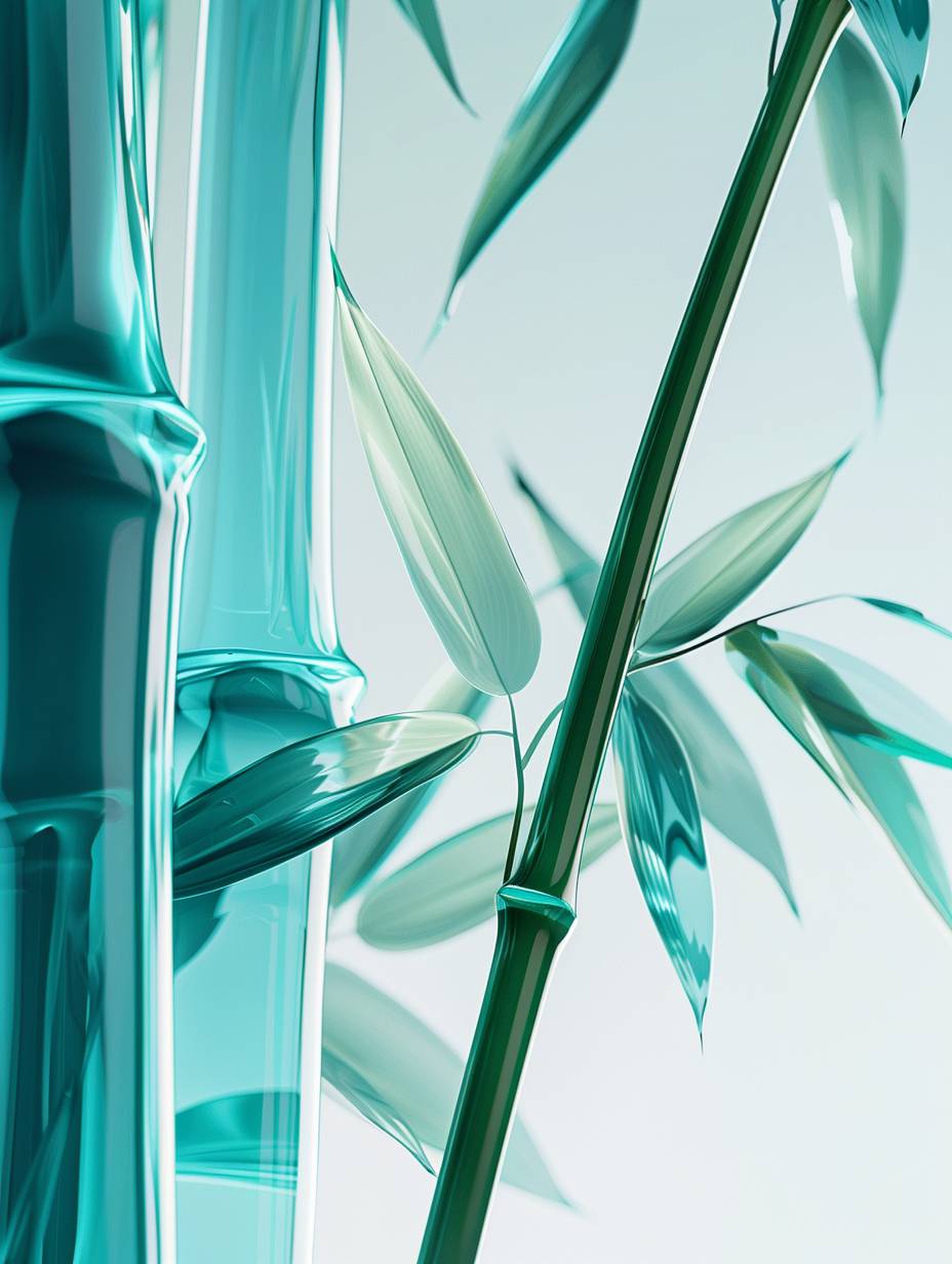 Minimalism illustration, 3D rendering, white background, extremely close-up shot, bold Chinese bamboos, glass texture, cyan, translucent-glass melt, gradient color, front view, high quality, super detail, 8k