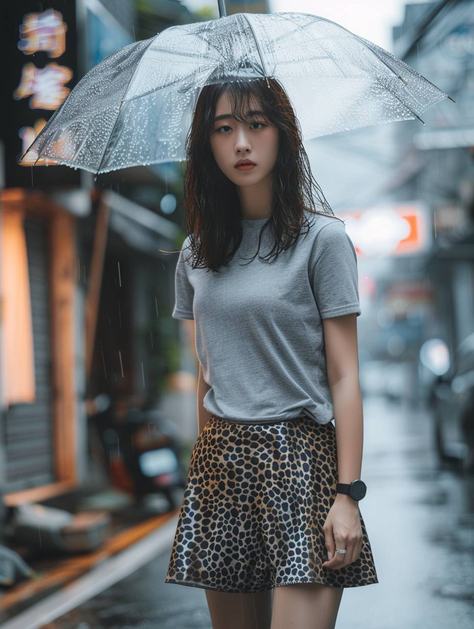 肩丈の茶髪をしたアジアの女性が、グレーの半袖トップスと膝下までの豹柄のサテンスカートを着用しています。 彼女は白いスニーカーを履いて、傘を持ちながら街を歩いています。 天気は灰色で軽い雨が降っています。 使用機材: キヤノンEOS 5D、自然光、都市写真、ボケ効果、三分割法則、ぼかし、ストリートスナップ写真、被写界深度、シャープな焦点、色補正、ポストプロセッシング。