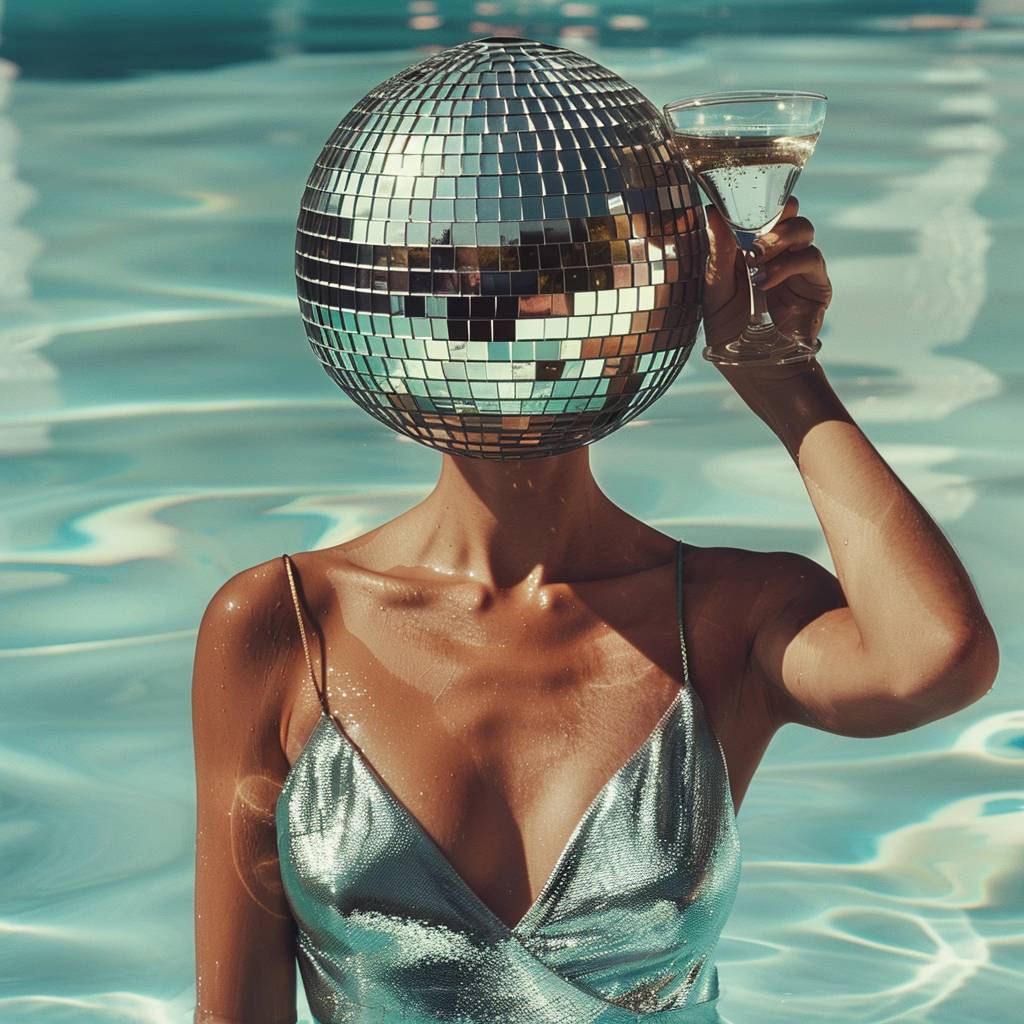 A captivating hyper realistic photo of a chic woman drinking a martini in a pool. The woman has a disco ball for a head.