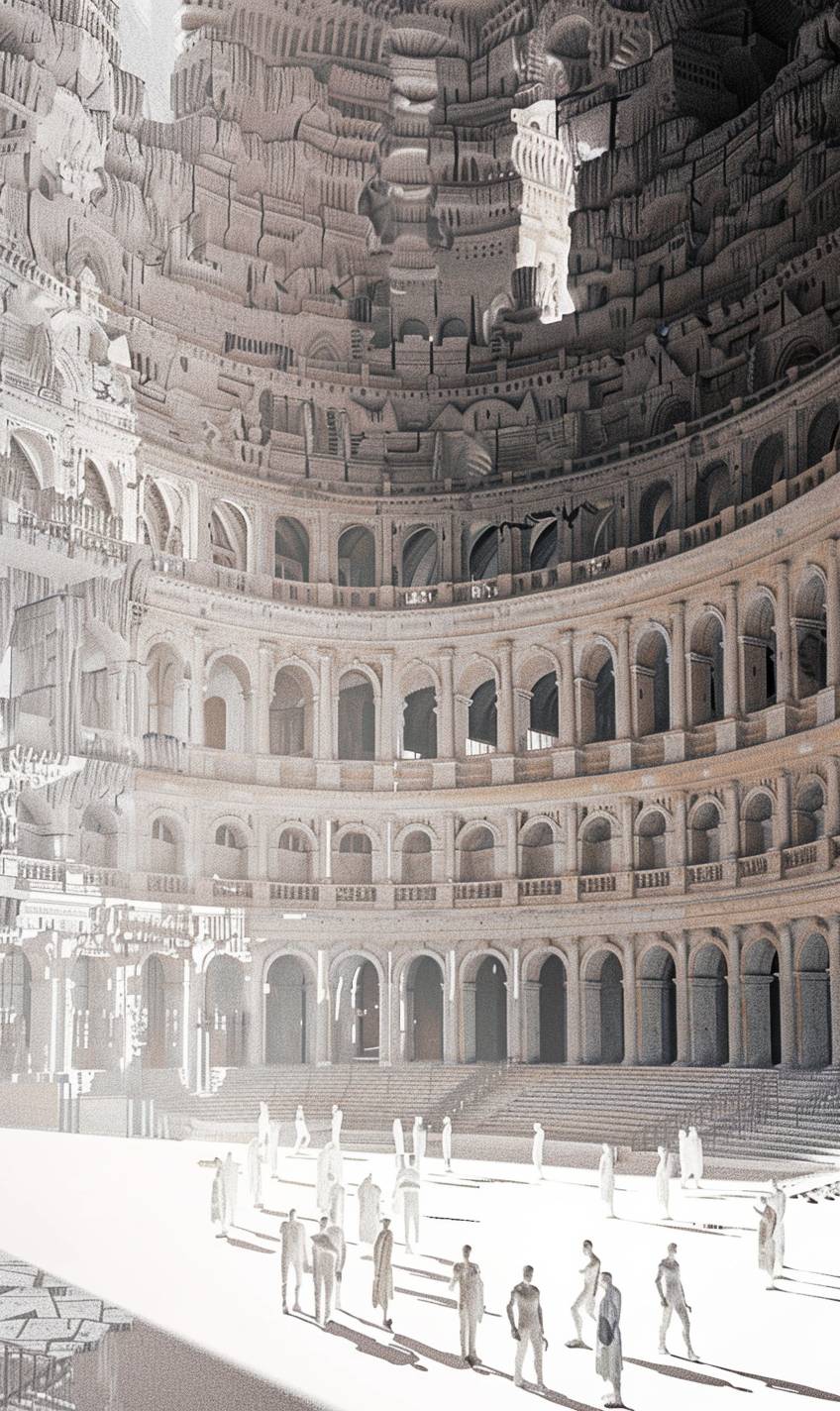 In the style of Nick Veasey, ancient coliseum hosting spectral gladiators