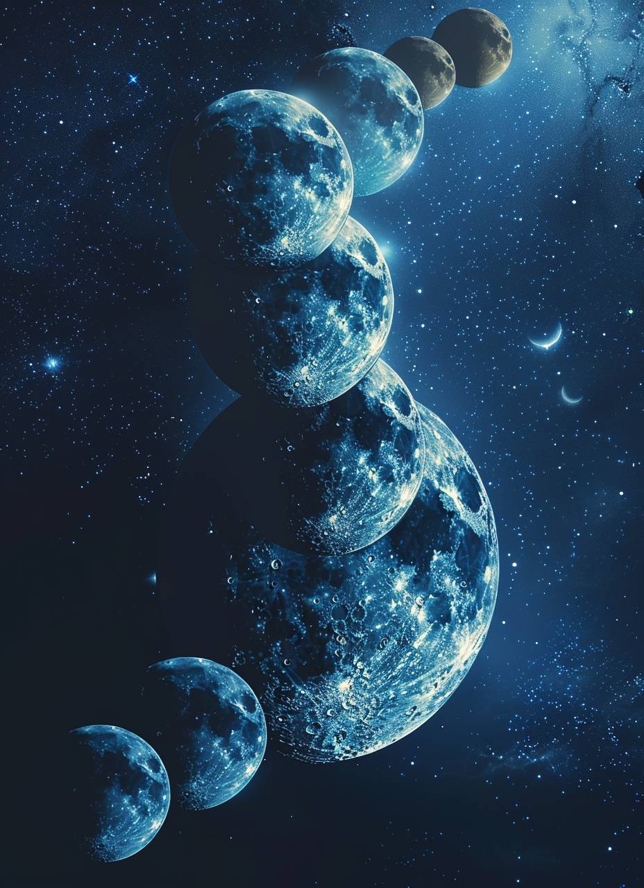 Illustrate a sequence of lunar phases from new to full moon along the top or bottom edge of the design. Render each phase in artistic styles ranging from abstract to realistic, using silver tones against a gradient night sky backdrop.