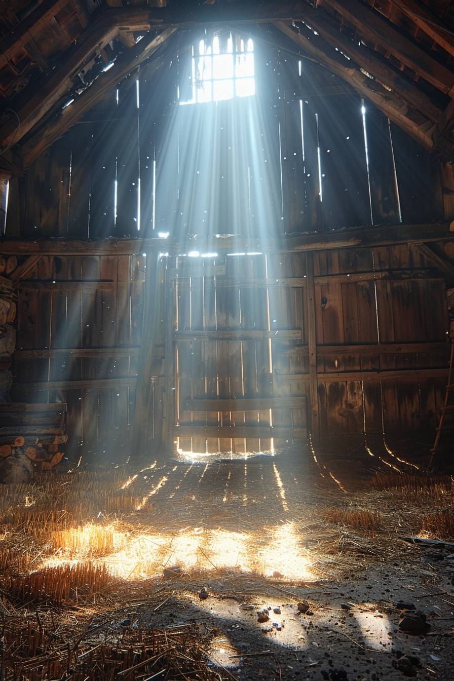 The interior of an abandoned barn with sunlight and sun rays shining through the boards from the side. Dust in the air highlights the light rays nicely. Lots of texture and shadow in the dimly lit space with traces of hay scattered on the floor.