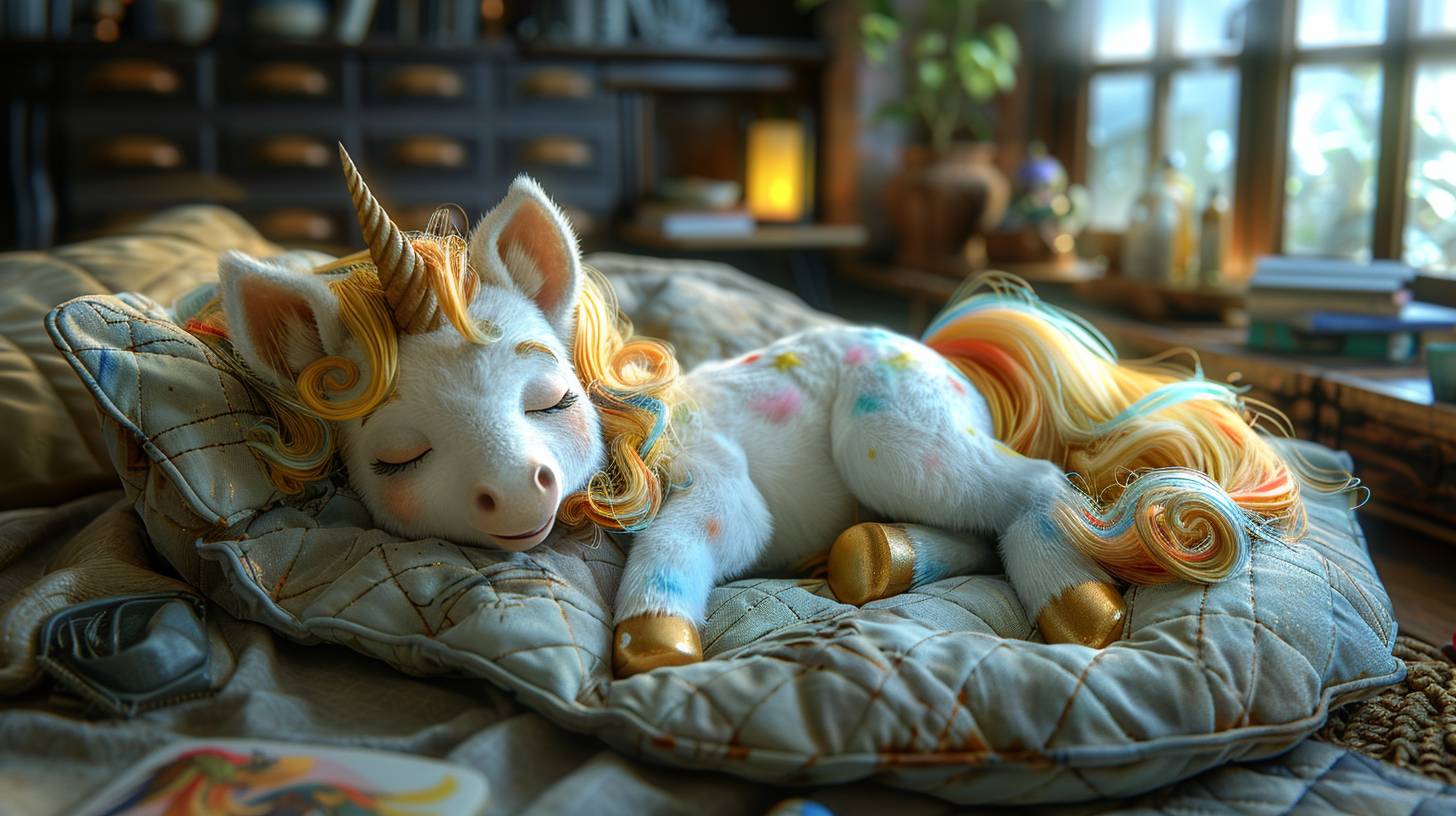 A tranquil night scene featuring a cute white unicorn with a golden mane and a rainbow horn sleeping peacefully in a cozy bedroom. The lighting is dim and soft, with no bright spots. The atmosphere is calming, with a soft nightlight providing a gentle glow. The colors are muted and warm, with plush pillows, a quilted blanket, and a moon and stars visible through the window.