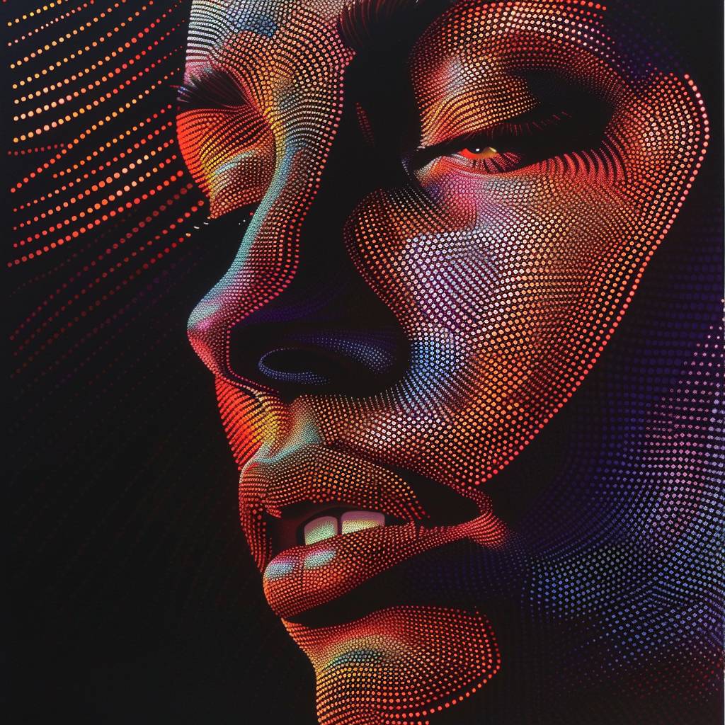 Design a portrait using dot art, with a 3D effect to give depth to the facial features, contrasting colors to highlight the details, and lighting that emphasizes the contours of the face.