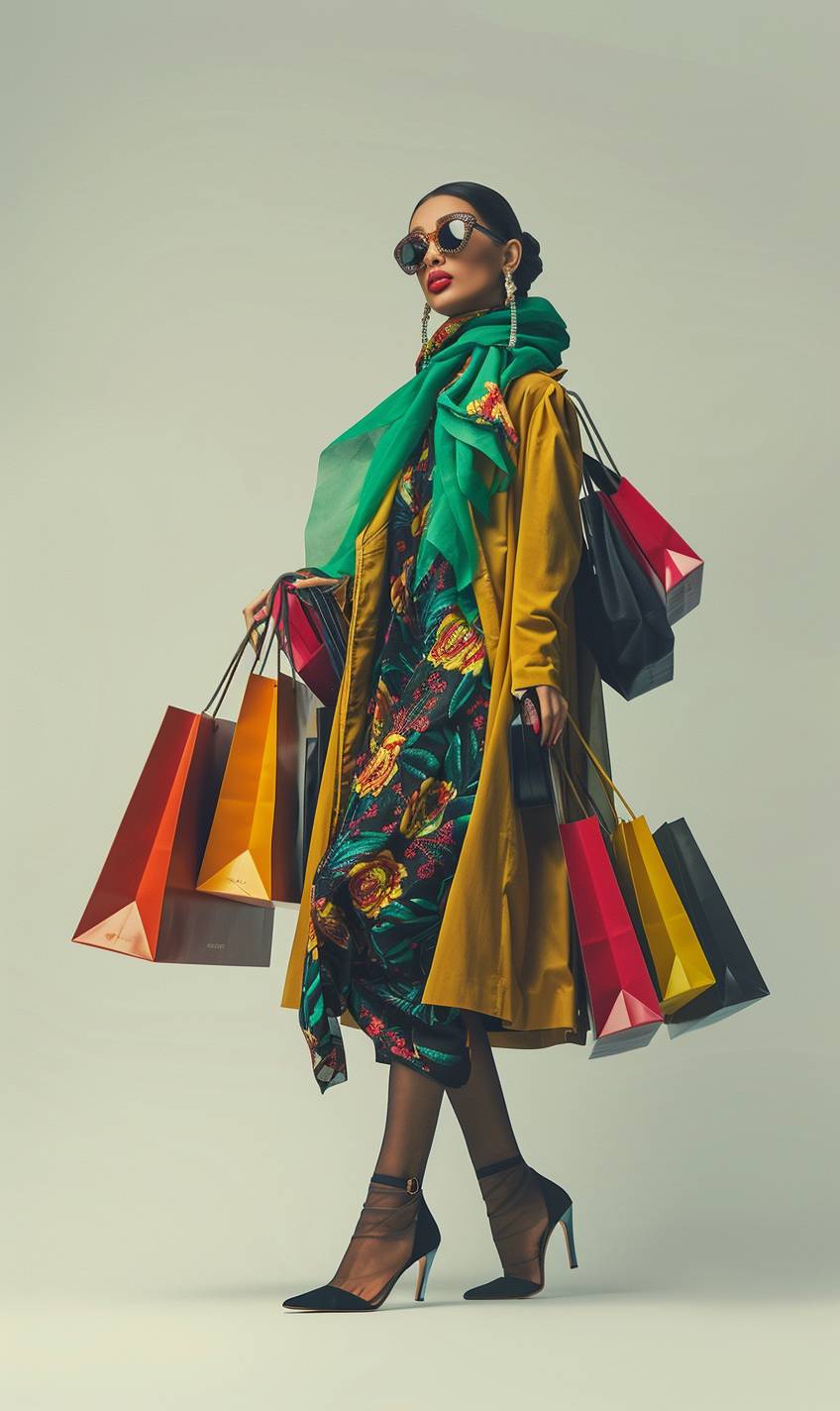 A hero image showing a glamorous, fashion-forward woman as a shopping addict. She is standing full, high heels and carrying an array of shopping bags, dressed in stylish and elegant clothing. The background is solid and minimalistic, ensuring plenty of space for text. Shot with a wide-angle lens to capture the entire scene.