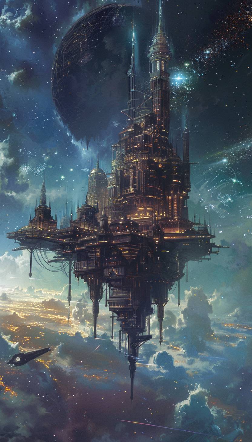 In the style of Akihiko Yoshida, a celestial city floating among the stars