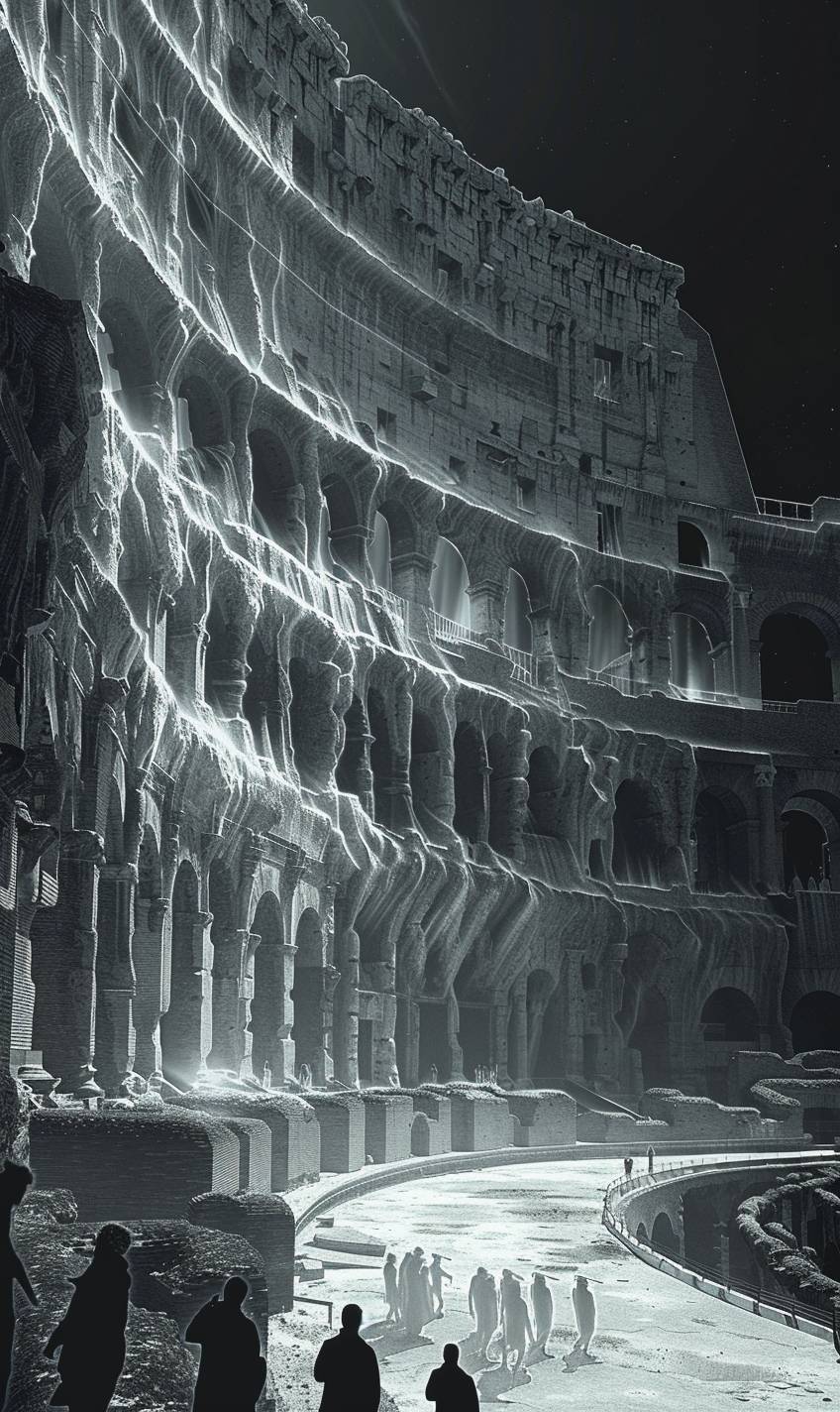 In the style of Nick Veasey, ancient coliseum hosting spectral gladiators