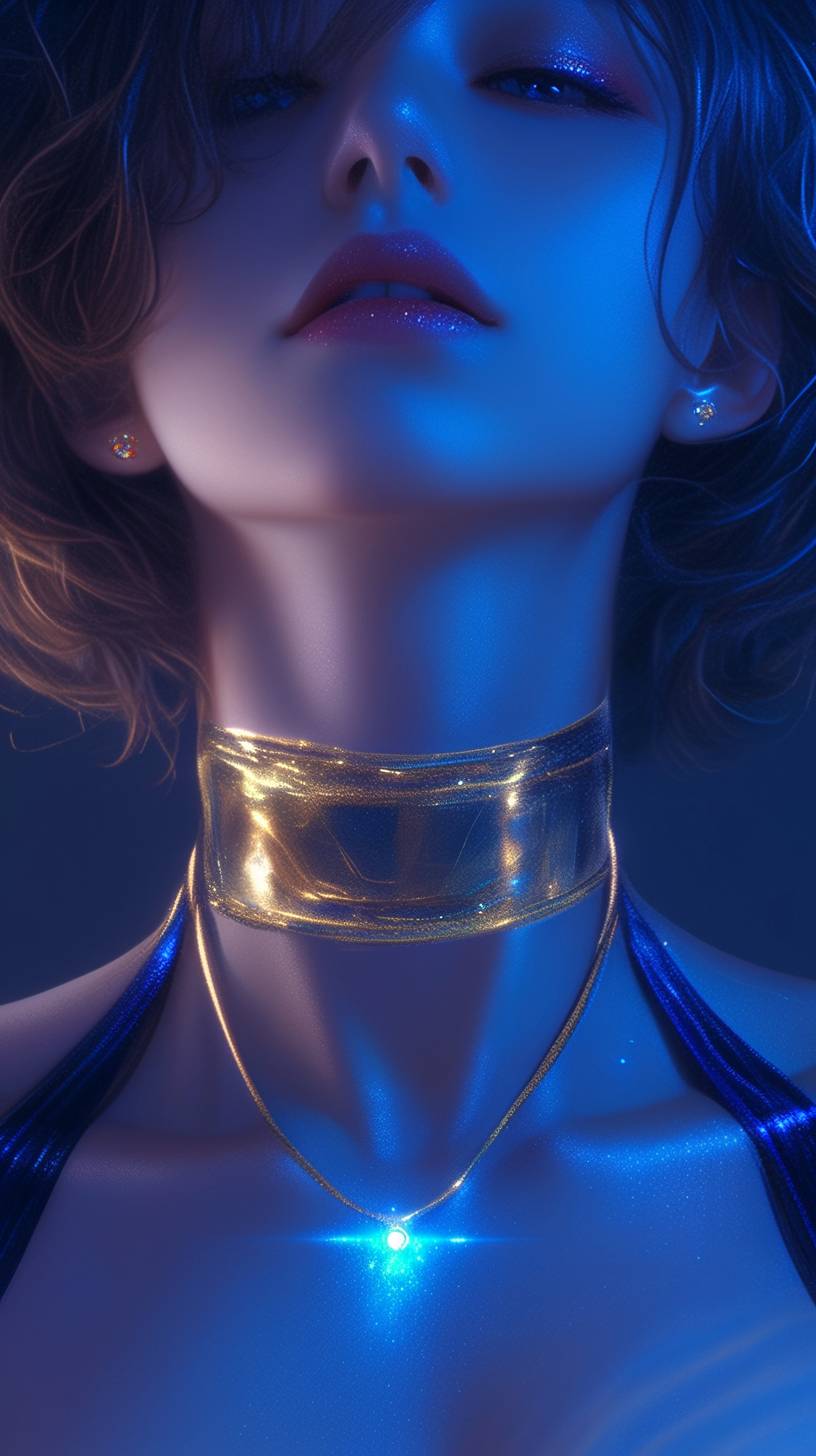 Front view, Beautiful and cool 20-year-old girl wearing super fashionable iridescent blue and golden suit, mid-range portrait, Heart to heart movements, bright and simple surreal background, surreal character, fair face, Author: Hajime Sorayama, Tetsuo Hara, Yuki Kamei, Makoto Shinkai, Studio Ghibli, Nikon D850, 32K