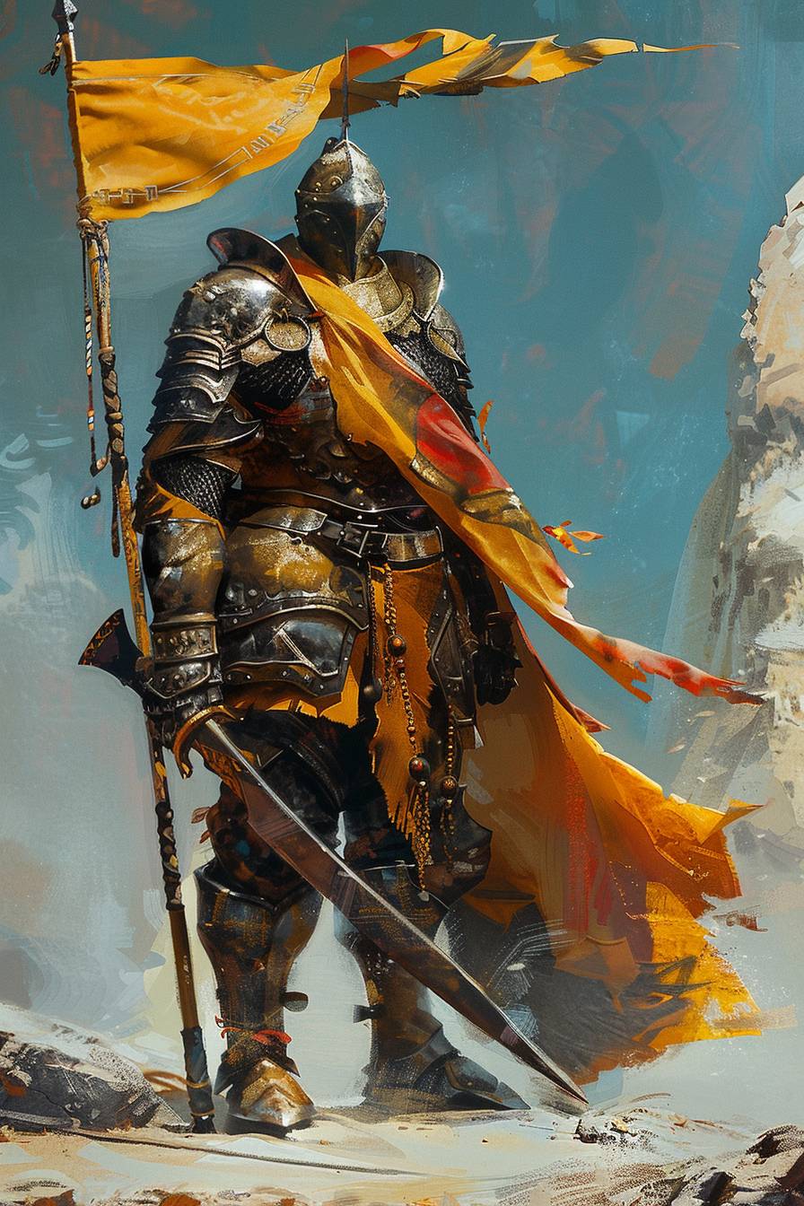 フラゼッタの現代の騎士戦士、フラグや巨大な刀を持っている